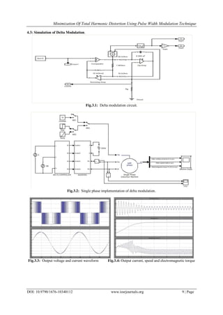 Minimization Of Total Harmonic Distortion Using Pulse Width Modulation Technique
DOI: 10.9790/1676-10340112 www.iosrjournals.org 9 | Page
4.3: Simulation of Delta Modulation.
Fig.3.1: Delta modulation circuit.
Fig.3.2: Single phase implementation of delta modulation.
Fig.3.3: Output voltage and current waveform Fig.3.4: Output current, speed and electromagnetic torque
 
