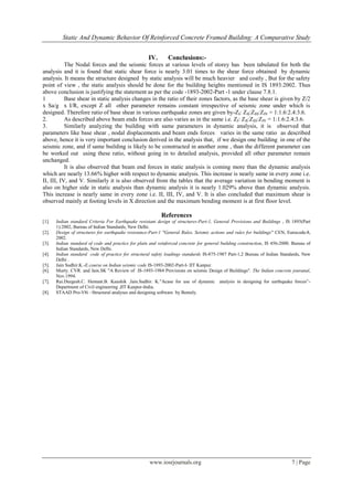 Static And Dynamic Behavior Of Reinforced Concrete Framed Building: A Comparative Study
www.iosrjournals.org 7 | Page
IV. Conclusions:-
The Nodal forces and the seismic forces at various levels of storey has been tabulated for both the
analysis and it is found that static shear force is nearly 3.01 times to the shear force obtained by dynamic
analysis. It means the structure designed by static analysis will be much heavier and costly , But for the safety
point of view , the static analysis should be done for the building heights mentioned in IS 1893:2002. Thus
above conclusion is justifying the statement as per the code -1893-2002-Part -1 under clause 7.8.1.
1 Base shear in static analysis changes in the ratio of their zones factors, as the base shear is given by Z/2
x Sa/g x I/R, except Z all other parameter remains constant irrespective of seismic zone under which is
designed. Therefore ratio of base shear in various earthquake zones are given by-ZI: ZII:ZIII:ZIV = 1:1.6:2.4:3.6.
2. As described above beam ends forces are also varies as in the same i.e. ZI: ZII:ZIII:ZIV = 1:1.6:2.4:3.6.
3. Similarly analyzing the building with same parameters in dynamic analysis, it is observed that
parameters like base shear , nodal displacements and beam ends forces varies in the same ratio as described
above, hence it is very important conclusion derived in the analysis that, if we design one building in one of the
seismic zone, and if same building is likely to be constructed in another zone , than the different parameter can
be worked out using these ratio, without going in to detailed analysis, provided all other parameter remain
unchanged.
It is also observed that beam end forces in static analysis is coming more than the dynamic analysis
which are nearly 13.66% higher with respect to dynamic analysis. This increase is nearly same in every zone i.e.
II, III, IV, and V. Similarly it is also observed from the tables that the average variation in bending moment is
also on higher side in static analysis than dynamic analysis it is nearly 1.029% above than dynamic analysis.
This increase is nearly same in every zone i.e. II, III, IV, and V. It is also concluded that maximum shear is
observed mainly at footing levels in X direction and the maximum bending moment is at first floor level.
References
[1]. Indian standard Criteria For Earthquake resistant design of structures-Part-1, General Provisions and Buildings , IS 1893(Part
1):2002, Bureau of Indian Standards, New Delhi.
[2]. Design of structures for earthquake resistance-Part-1 "General Rules, Seismic actions and rules for buildings" CEN, Eurocode-8,
2002.
[3]. Indian standard of code and practice for plain and reinforced concrete for general building construction, IS 456-2000. Bureau of
Indian Standards, New Delhi.
[4]. Indian standard code of practice for structural safety loadings standards IS-875-1987 Part-1,2 Bureau of Indian Standards, New
Delhi .
[5]. Jain Sudhir.K.-E.course on Indian seismic code IS-1893-2002-Part-I- IIT Kanpur.
[6]. Murty. CVR. and Jain.SK "A Review of IS-1893-1984 Provisions on seismic Design of Buildings". The Indian concrete jouranal,
Nov.1994.
[7]. Rai.Durgesh.C. Hemant.B. Kaushik .Jain.Sudhir. K.”Acase for use of dynamic analysis in designing for earthquake forces”-
Department of Civil engineering ,IIT Kanpur-India.
[8]. STAAD Pro-V8i –Structural analyses and designing software by Bentely.
 