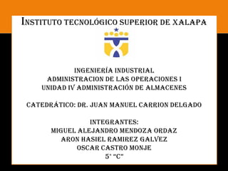 Instituto tecnológico superior de Xalapa

INGENIERÍA INDUSTRIAL
ADMINISTRACION DE LAS OPERACIONES I
UNIDAD IV ADMINISTRACIÓN DE ALMACENES
CATEDRÁTICO: Dr. JUAN MANUEL CARRION DELGADO
INTEGRANTES:
MIGUEL ALEJANDRO MENDOZA ORDAZ
ARON HASIEL RAMIREZ GALVEZ
OSCAR CASTRO MONJE
5° “c”

 