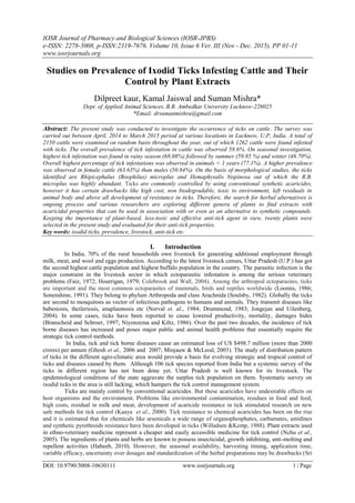 Studies on Prevalence of Ixodid Ticks Infesting Cattle and Their ...