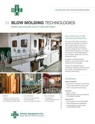 BLOW MOLDING TECHNOLOGIES
Flexibility, Speed and Quality are Key for Custom Blow Molders
BUILT SPECIFICALLY FOR
CUSTOM BLOW MOLDERS
As a custom blow molder, you demand
more from your equipment. At Amsler, we
deliver machines that are simple to run
and maintain with fewer moving parts.
Our quick changeovers are a must have.
Amsler machines range from 1 to 4 cavities
with outputs of 1,500 to 6,000 bottles per
hour. Consistent, quality output is built into
everything we make.
In addition to providing top quality
equipment, we will partner with you to help
develop and test your package.
Amsler is the only North American
manufacturer of all-electric linear PET stretch
blow molders, 100% designed, built and
serviced in North America.
ADVANTAGES
ENERGY EFFICIENCY
» 	Servo electric movements to save energy
» 	Closely spaced preforms saves energy
» 	Less air consumption saves energy
RELIABILITY
» 	Easy to maintain
» 	Machines require 75% less maintenance
than hydraulic machines
PRODUCTIVITY
» 	Output speeds of up to 6,000 bottles/hr
» 	Proven efficiencies and repeatability
» 	Use Blow Molds from other brands
including Sidel and MAG
» 	
L32 - 3 CAVITY
CONVERTIBLE MACHINE
VERSATILITY
»	 Available in 1,2, 3 and 4 cavity models
»	 Fast changeovers; 20 minutes to 2 hours
»	 Few moving parts means higher reliability
FAST CHANGE-OVERS
»	 Perform carrier changes without tools
»	 Quick oven adjustments
»	 Easy access to all parts of the machinery
SIMPLE AND RUGGED
»	 Few moving parts
»	 Heavy tubular welded construction
»	 Very low maintenance
» DELIVERING MORE FROM YOUR BLOW MOLDING EQUIPMENT
 