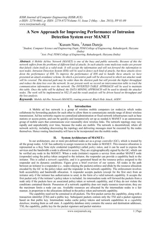 IOSR Journal of Computer Engineering (IOSR-JCE)
e-ISSN: 2278-0661, p- ISSN: 2278-8727Volume 11, Issue 2 (May. - Jun. 2013), PP 01-09
www.iosrjournals.org
www.iosrjournals.org 1 | Page
A New Approach for Improving Performance of Intrusion
Detection System over MANET
1
Kusum Nara, 2
Aman Dureja
1
Student, Computer Science and Engineering Deptt, PDM College of Engineering, Bahadurgarh, Haryana
(India)
2
Asst. Prof, PDM College of Engineering, Bahadurgarh, Haryana (India)
Abstract: A Mobile Ad-hoc Network (MANET) is one of the busy and public networks; Because of this the
network suffers from the problems of different kind of attacks. In such attacks some malicious nodes are present
that falsely claim itself as a valid node. It will accept the information and will not forward the information to
next nodes. Intrusion Detection System (IDS) will be used to detect such kind of attacks, but these attacks slows
down the performance of IDS. To improve the performance of IDS and to handle these attacks we have
presented an attack avoidance scheme. In which a preventive path will be discovered in which not attacker node
will be covered. The detected path may be wider than the shortest path but will provide the higher throughput
and reduce the data loss over the network. In our present work we record an interconnection table to track the
communication information over the network. The INVERTED TABLE APPROACH will be used to maintain
this table. Once the table will be defined, the DATA MINING APPROACH will be used to identify the attacker
nodes. The work will be implemented in NS2.35 and the result analysis will be driven based on throughput and
the loss analysis.
Keywords: Mobile Ad-Hoc Network (MANET), routing protocol, Black Hole Attack, AODV.
I. Introduction
A Mobile ad hoc network is a group of wireless mobile computers (or nodes);in which nodes
collaborate by forwarding packets for each other to allow them to communicate outside range of direct wireless
transmission. Ad hoc networks require no centralized administration or fixed network infrastructure such as base
stations or access points, and can be quickly and inexpensively set up as needed.A MANET is an autonomous
group of mobile users that communicate over reasonably slow wireless links. The network topology may vary
rapidly and unpredictably over time, because the nodes are mobile. The network is decentralized, where all
network activity, including discovering the topology and delivering messages must be executed by the nodes
themselves. Hence routing functionality will have to be incorporated into the mobile nodes.
II. System Architecture of MANET:-
In our architecture, one or more pre-defined nodes act as a group controller (GC), which is trusted by
all the group nodes. A GC has authority to assign resources to the nodes in MANET. This resource allocation is
represented as a Key Note style credential (capability) called policy token, and it can be used to express the
services and the bandwidth a node is allowed to access. They are cryptographically signed by the GC, which can
be verified any node in the MANET. When a node (initiator) requests a service from another MANET node
(responder) using the policy token assigned to the initiator, the responder can provide a capability back to the
initiator. This is called a network capability, and it is generated based on the resource policy assigned to the
responder and its dynamic conditions. Figure gives a brief overview of our system. All nodes in the path
between an initiator to a responder (i.e., nodes relaying the packets) enforce and abide by the resource allocation
encoded by the GC in the policy token and the responder in the network capability. The enforcement involves
both accessibility and bandwidth allocation. A responder accepts packets (except for the first one) from an
initiator only if the initiator has authorization to send, in the form of a valid network capability. It accepts the
first packet only if the initiator’s policy token is included. An intermediate node will forward the packets from a
node only if the packets have an associated policy token or network capability, and if they do not violate the
conditions contained therein. Possession of a network capability does not imply resource reservation; they are
the maximum limits a node can use. Available resources are allocated by the intermediate nodes in a fair
manner, in proportion to the allocations defined in the policy token and network capability.
The capability need not be contained in all packets. The first packet carries the capability, along with a
transaction identifier (TXI) and a public key. Subsequent packets contain only the TXI and a packet signature
based on that public key. Intermediate nodes cache policy tokens and network capabilities in a capability
database, treating them as soft state. A capability database entry contains the source and destination addresses,
TXI, the capability, public key for the packet signature and packet statistics
 