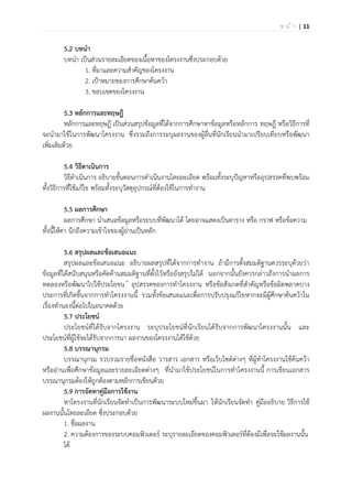 | 11ห น ้ า
5.2 บทนา
บทนา เป็นส่วนรายละเอียดของเนื้อหาของโครงงานซึ่งประกอบด้วย
1. ที่มาและความสาคัญของโครงงาน
2. เป้าหมายของการศึกษาค้นคว้า
3. ขอบเขตของโครงงาน
5.3 หลักการและทฤษฎี
หลักการและทฤษฎี เป็นส่วนสรุปข้อมูลที่ได้จากการศึกษาหาข้อมูลหรือหลักการ ทฤษฎี หรือวิธีการที่
จะนามาใช้ในการพัฒนาโครงงาน ซึ่งรวมถึงการระบุผลงานของผู้อื่นที่นักเรียนนามาเปรียบเทียบหรือพัฒนา
เพิ่มเติมด้วย
5.4 วิธีดาเนินการ
วิธีดาเนินการ อธิบายขั้นตอนการดาเนินงานโดยละเอียด พร้อมทั้งระบุปัญหาหรืออุปสรรคที่พบพร้อม
ทั้งวิธีการที่ใช้แก้ไข พร้อมทั้งระบุวัสดุอุปกรณ์ที่ต้องใช้ในการทางาน
5.5 ผลการศึกษา
ผลการศึกษา นาเสนอข้อมูลหรือระบบที่พัฒนาได้ โดยอาจแสดงเป็นตาราง หรือ กราฟ หรือข้อความ
ทั้งนี้ให้คา นึกถึงความเข้าใจของผู้อ่านเป็นหลัก
5.6 สรุปผลและข้อเสนอแนะ
สรุปผลและข้อเสนอแนะ อธิบายผลสรุปที่ได้จากการทางาน ถ้ามีการตั้งสมมติฐานควรระบุด้วยว่า
ข้อมูลที่ได้สนับสนุนหรือคัดค้านสมมติฐานที่ตั้งไว้หรือยังสรุปไม่ได้ นอกจากนั้นยังควรกล่าวถึงการนาผลการ
ทดลองหรือพัฒนาไปใช้ประโยชน ์ อุปสรรคของการทาโครงงาน หรือข้อสังเกตที่สาคัญหรือข้อผิดพลาดบาง
ประการที่เกิดขึ้นจากการทาโครงงานนี้ รวมทั้งข้อเสนอแนะเพื่อการปรับปรุงแก้ไขหากจะมีผู้ศึกษาค้นคว้าใน
เรื่องทานองนี้ต่อไปในอนาคตด้วย
5.7 ประโยชน์
ประโยชน์ที่ได้รับจากโครงงาน ระบุประโยชน์ที่นักเรียนได้รับจากการพัฒนาโครงงานนั้น และ
ประโยชน์ที่ผู้ใช้จะได้รับจากการนา ผลงานของโครงงานได้ใช้ด้วย
5.8 บรรณานุกรม
บรรณานุกรม รวบรวมรายชื่อหนังสือ วารสาร เอกสาร หรือเว็บไซด์ต่างๆ ที่ผู้ทาโครงงานใช้ค้นคว้า
หรืออ่านเพื่อศึกษาข้อมูลและรายละเอียดต่างๆ ที่นามาใช้ประโยชน์ในการทาโครงงานนี้ การเขียนเอกสาร
บรรณานุกรมต้องให้ถูกต้องตามหลักการเขียนด้วย
5.9 การจัดทาคู่มือการใช้งาน
หาโครงงานที่นักเรียนจัดทาเป็นการพัฒนาระบบใหม่ขึ้นมา ให้นักเรียนจัดทา คู่มืออธิบาย วิธีการใช้
ผลงานนั้นโดยละเอียด ซึ่งประกอบด้วย
1. ชื่อผลงาน
2. ความต้องการของระบบคอมพิวเตอร์ ระบุรายละเอียดของคอมพิวเตอร์ที่ต้องมีเพื่อจะใช้ผลงานนั้น
ได้
 