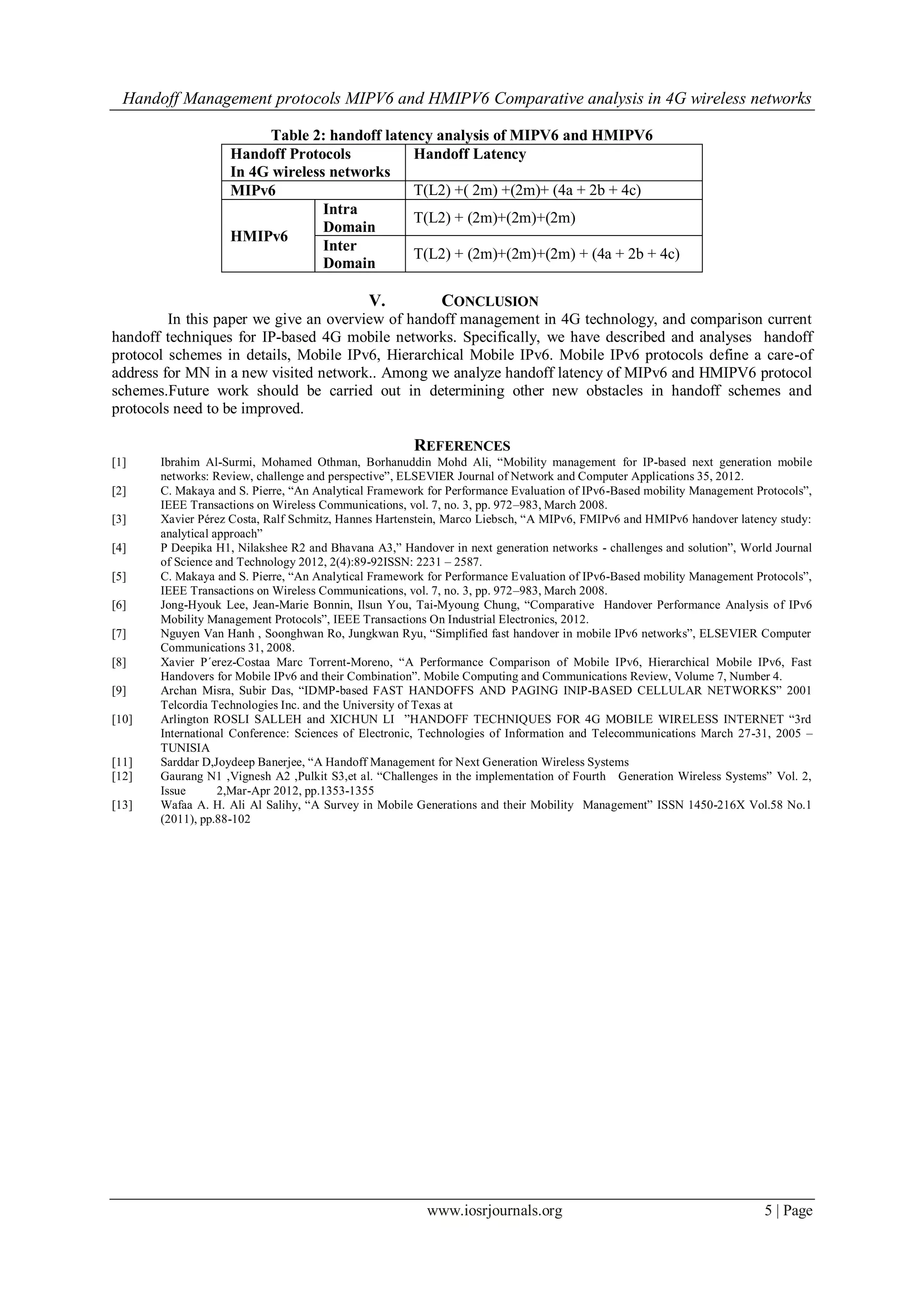 Handoff Management protocols MIPV6 and HMIPV6 Comparative analysis in 4G wireless networks
www.iosrjournals.org 5 | Page
Table 2: handoff latency analysis of MIPV6 and HMIPV6
Handoff Protocols
In 4G wireless networks
Handoff Latency
MIPv6 T(L2) +( 2m) +(2m)+ (4a + 2b + 4c)
HMIPv6
Intra
Domain
T(L2) + (2m)+(2m)+(2m)
Inter
Domain
T(L2) + (2m)+(2m)+(2m) + (4a + 2b + 4c)
V. CONCLUSION
In this paper we give an overview of handoff management in 4G technology, and comparison current
handoff techniques for IP-based 4G mobile networks. Specifically, we have described and analyses handoff
protocol schemes in details, Mobile IPv6, Hierarchical Mobile IPv6. Mobile IPv6 protocols define a care-of
address for MN in a new visited network.. Among we analyze handoff latency of MIPv6 and HMIPV6 protocol
schemes.Future work should be carried out in determining other new obstacles in handoff schemes and
protocols need to be improved.
REFERENCES
[1] Ibrahim Al-Surmi, Mohamed Othman, Borhanuddin Mohd Ali, “Mobility management for IP-based next generation mobile
networks: Review, challenge and perspective”, ELSEVIER Journal of Network and Computer Applications 35, 2012.
[2] C. Makaya and S. Pierre, “An Analytical Framework for Performance Evaluation of IPv6-Based mobility Management Protocols”,
IEEE Transactions on Wireless Communications, vol. 7, no. 3, pp. 972–983, March 2008.
[3] Xavier Pérez Costa, Ralf Schmitz, Hannes Hartenstein, Marco Liebsch, “A MIPv6, FMIPv6 and HMIPv6 handover latency study:
analytical approach”
[4] P Deepika H1, Nilakshee R2 and Bhavana A3,” Handover in next generation networks - challenges and solution”, World Journal
of Science and Technology 2012, 2(4):89-92ISSN: 2231 – 2587.
[5] C. Makaya and S. Pierre, “An Analytical Framework for Performance Evaluation of IPv6-Based mobility Management Protocols”,
IEEE Transactions on Wireless Communications, vol. 7, no. 3, pp. 972–983, March 2008.
[6] Jong-Hyouk Lee, Jean-Marie Bonnin, Ilsun You, Tai-Myoung Chung, “Comparative Handover Performance Analysis of IPv6
Mobility Management Protocols”, IEEE Transactions On Industrial Electronics, 2012.
[7] Nguyen Van Hanh , Soonghwan Ro, Jungkwan Ryu, “Simplified fast handover in mobile IPv6 networks”, ELSEVIER Computer
Communications 31, 2008.
[8] Xavier P´erez-Costaa Marc Torrent-Moreno, “A Performance Comparison of Mobile IPv6, Hierarchical Mobile IPv6, Fast
Handovers for Mobile IPv6 and their Combination”. Mobile Computing and Communications Review, Volume 7, Number 4.
[9] Archan Misra, Subir Das, “IDMP-based FAST HANDOFFS AND PAGING INIP-BASED CELLULAR NETWORKS” 2001
Telcordia Technologies Inc. and the University of Texas at
[10] Arlington ROSLI SALLEH and XICHUN LI ”HANDOFF TECHNIQUES FOR 4G MOBILE WIRELESS INTERNET “3rd
International Conference: Sciences of Electronic, Technologies of Information and Telecommunications March 27-31, 2005 –
TUNISIA
[11] Sarddar D,Joydeep Banerjee, “A Handoff Management for Next Generation Wireless Systems
[12] Gaurang N1 ,Vignesh A2 ,Pulkit S3,et al. “Challenges in the implementation of Fourth Generation Wireless Systems” Vol. 2,
Issue 2,Mar-Apr 2012, pp.1353-1355
[13] Wafaa A. H. Ali Al Salihy, “A Survey in Mobile Generations and their Mobility Management” ISSN 1450-216X Vol.58 No.1
(2011), pp.88-102
 