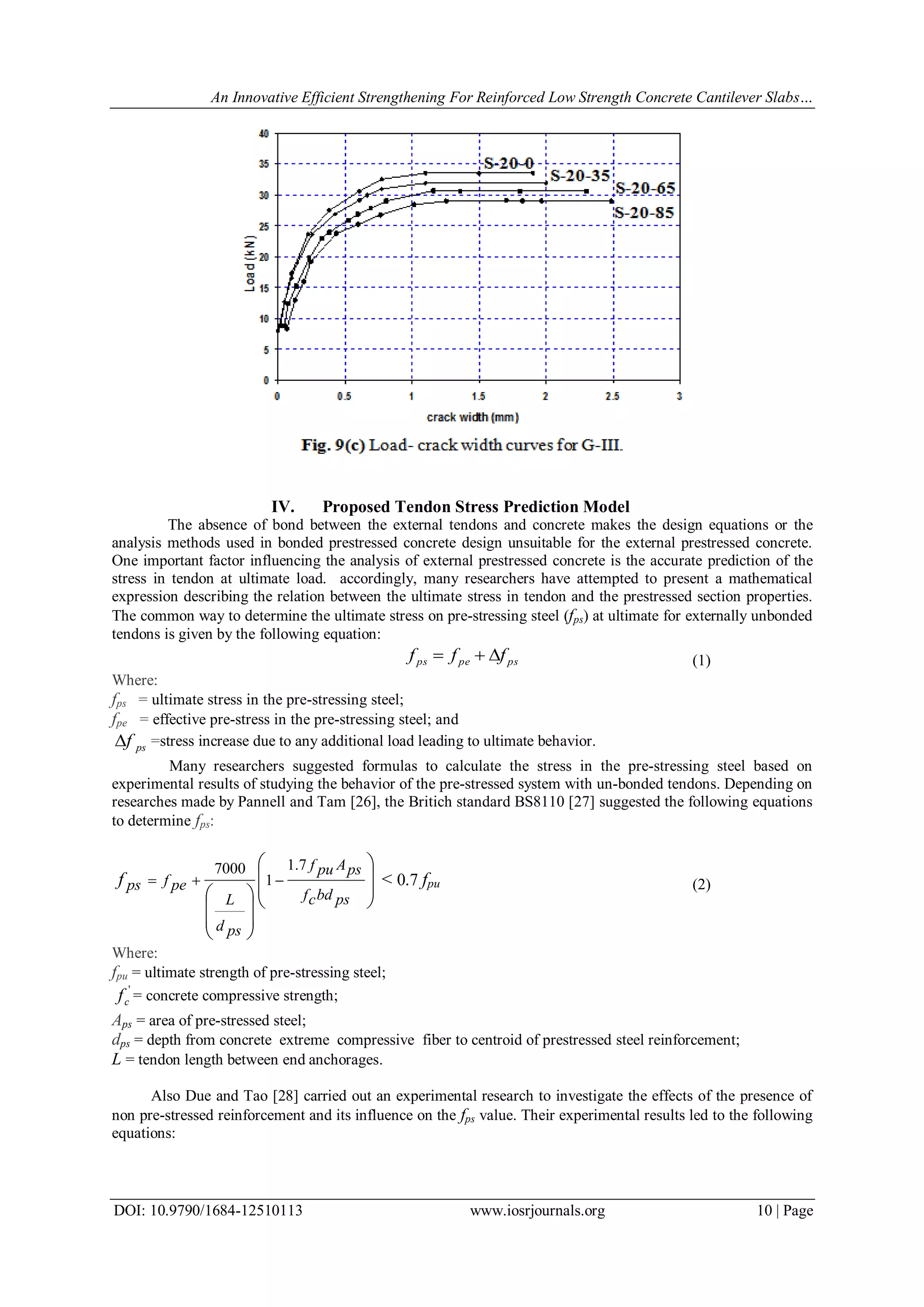 An Innovative Efficient Strengthening For Reinforced Low Strength Concrete Cantilever Slabs…
DOI: 10.9790/1684-12510113 www.iosrjournals.org 10 | Page
IV. Proposed Tendon Stress Prediction Model
The absence of bond between the external tendons and concrete makes the design equations or the
analysis methods used in bonded prestressed concrete design unsuitable for the external prestressed concrete.
One important factor influencing the analysis of external prestressed concrete is the accurate prediction of the
stress in tendon at ultimate load. accordingly, many researchers have attempted to present a mathematical
expression describing the relation between the ultimate stress in tendon and the prestressed section properties.
The common way to determine the ultimate stress on pre-stressing steel (fps) at ultimate for externally unbonded
tendons is given by the following equation:
pspeps fff 
Where:
fps = ultimate stress in the pre-stressing steel;
fpe = effective pre-stress in the pre-stressing steel; and
psf =stress increase due to any additional load leading to ultimate behavior.
Many researchers suggested formulas to calculate the stress in the pre-stressing steel based on
experimental results of studying the behavior of the pre-stressed system with un-bonded tendons. Depending on
researches made by Pannell and Tam [26], the Britich standard BS8110 [27] suggested the following equations
to determine fps:

















psbdcf
psApuf
psd
L
pefpsf
7.1
1
7000
< 0.7 fpu
Where:
fpu = ultimate strength of pre-stressing steel;
'
cf = concrete compressive strength;
Aps = area of pre-stressed steel;
dps = depth from concrete extreme compressive fiber to centroid of prestressed steel reinforcement;
L = tendon length between end anchorages.
Also Due and Tao [28] carried out an experimental research to investigate the effects of the presence of
non pre-stressed reinforcement and its influence on the fps value. Their experimental results led to the following
equations:
(1)
(2)
 