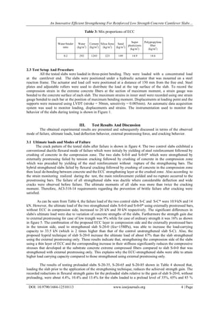 An Innovative Efficient Strengthening For Reinforced Low Strength Concrete Cantilever Slabs…
DOI: 10.9790/1684-12510113 www.iosrjournals.org 4 | Page
Table 3: Mix proportions of ECC
2.3 Test Setup And Procedure
All the tested slabs were loaded in three-point bending. They were loaded with a concentrated load
at the cantilever end. The slabs were positioned under a hydraulic actuator that was mounted on a steel
reaction frame. The actuator and load cell were positioned at a distance of 150 mm from the free end. Steel
plates and adjustable rollers were used to distribute the load at the top surface of the slab. To record the
compression strain in the extreme concrete fibers at the section of maximum moment, a strain gauge was
bonded to the concrete surface of each slab. The maximum strains in inner steel were recorded using one strain
gauge bonded to each bar at the position of maximum bending moment. Displacements at loading point and the
supports were measured using LVDT (stroke = 50mm, sensitivity = 0.005mm). An automatic data acquisition
system was used to monitor loading, displacements and strains. The instrumentation used to monitor the
behavior of the slabs during testing is shown in Figure 1.
III. Test Results And Discussion
The obtained experimental results are presented and subsequently discussed in terms of the observed
mode of failure, ultimate loads, load deflection behavior, external prestressing force, and cracking behavior.
3.1 Ultimate loads and Modes of Failure
The crack pattern of the tested slabs after failure is shown in figure 4. The two control slabs exhibited a
conventional ductile flexural mode of failure which were initialy by yielding of steel reinforcement followed by
crushing of concrete in the compression zone. The two slabs S-0-0 and S-0-0* which were strengthened by
externally prestressing failed by tension cracking followed by crushing of concrete in the compression zone
which was preceded by yielding of the steel reinforcement without rupture of the strengthening bars. The
hybrid strengthened slabs failed by flexural cracking followed by crushing of concrete in the compression zone
then local de-bonding between concrete and the ECC strengthening layer at the crushed zone. Also according to
the strain monitoring realized during the test, the main reinforcement yielded and no rupture occurred to the
presstressing bars. The failure of all strengthened slabs was ductile where considerable deflection and wide
cracks were observed before failure. The ultimate moments of all slabs was more than twice the cracking
moment. Therefore, ACI-318-14 requirements regarding the prevention of brittle failure after cracking were
satisfied.
As can be seen from Table 4, the failure load of the two control slabs S-C and S-C* were 10.9 kN and 14
kN. However, the ultimate load of the two strengthened slabs S-0-0 and S-0-0* using externally prestressed bars,
without ECC in compression side, increased to 20 kN and 30 kN respectively. The significant differences in
slabs's ultimate load were due to variation of concrete strengths of the slabs. Furthermore the strength gain due
to external prestressing for case of low trength was 9% while for case of ordinary strength it was 16% as shown
in figure 5. The combination of the proposed ECC layer in compression side and the externally prestressed bars
in the tension side, used to strengthened slab S-20-0 (fcu=15MPa), was able to increase the load-carrying
capacity to 33.5 kN (which is 2 times higher than that of the control unstrengthened slab S-C). Also, the
proposed hyprid technique of slab S-20-0 increase the ultimate load of about 67% than the slab strengthened
using the external prestressing only. These results indicate that, strengthening the compression side of the slabs
using a thin layer of ECC and the corresponding increase in their stiffness significantly reduces the compressive
stresses that developed at the substrate concrete extreme compressed fibers compared to slab S-0-0 that was
strengthened with external prestressing only. This explains why the ECC-strengthened slabs were able to attain
higher load carrying capacity compared to those strengthened using external prestressing only.
The results of testing preloaded slabs S-20-35, S-20-65 and S-20-85 shown in Table 4 showed that,
loading the slab prior to the application of the strengthening technique, reduces the achieved strength gain. The
recorded reductions in flexural strength gains for the preloaded slabs relative to the gain of slab S-20-0, without
preloading, were about 4.4%, 10.4% and 13.4% for the slabs loaded to a preload level of 35%, 65% and 85 %
Water/binder
ratio
Water
(kg/m3
)
Cement
(kg/m3
)
Silica fume
(kg/m3
)
Sand
(kg/m3
)
Super
plasticizers
(kg/m3
)
Polypropylene
fiber
(kg/m3
)
0.2 292 1243 223 149 14.9 14.6
 