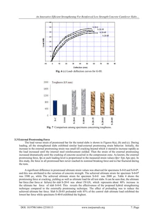 An Innovative Efficient Strengthening For Reinforced Low Strength Concrete Cantilever Slabs…
DOI: 10.9790/1684-12510113 www.iosrjournals.org 7 | Page
Fig. 6 (c) Load- deflection curves for G-III.
Fig. 7 Comparison among specimens concerning toughness.
3.3 External Prestressing Force
The load versus strain of prestressed bar for the tested slabs is shown in Figures 8(a), (b) and (c). During
loading, all the strengthened slabs exhibited similar load-external prestressing strain behavior. Initially, the
increase in the external prestressing strain was small till cracking beyond which it started to increase rapidly as
the load increased until the internal steel reinforcement yielded. Then the strain of the external prestressing
increased dramatically until the crashing of concrete occurred in the compression zone. As known, the external
prestressing force, fps at each loading level is proportional to the measured strain values (fps= Eps Aps εps). In
this study, the force in all prestressed bars never reached its nominal breaking force and no bar fractured during
the tests.
A significant difference in prestressed ultimate strain values was observed for specimens S-0-0 and S-0-0*,
and this was attributed to the variation of concrete strength. The achieved ultimate strain for specimen S-0-0*
was 3300 µε, while The achieved ultimate strain for specimen S-0-0 was 2000 µε. Table 4 shows the
prestressing force at cracking, yielding as well as ultimate load for all test slabs. It can be seen that, the ultimate
bar force (bar force at failure) for slab S-20-0 was about 158 kN, which represents about 80% increase in
the ultimate bar force of slab S-0-0. This reveals the effectiveness of the proposed hybrid strengthening
technique compared to the externally prestressing technique. The effect of preloading was to reduce the
achieved ultimate bar force. Slab S-20-85 preloaded with 85% of the control slab ultimate load exhibited the
lowest bar force while specimens S-40-0 exhibited the highest.
 