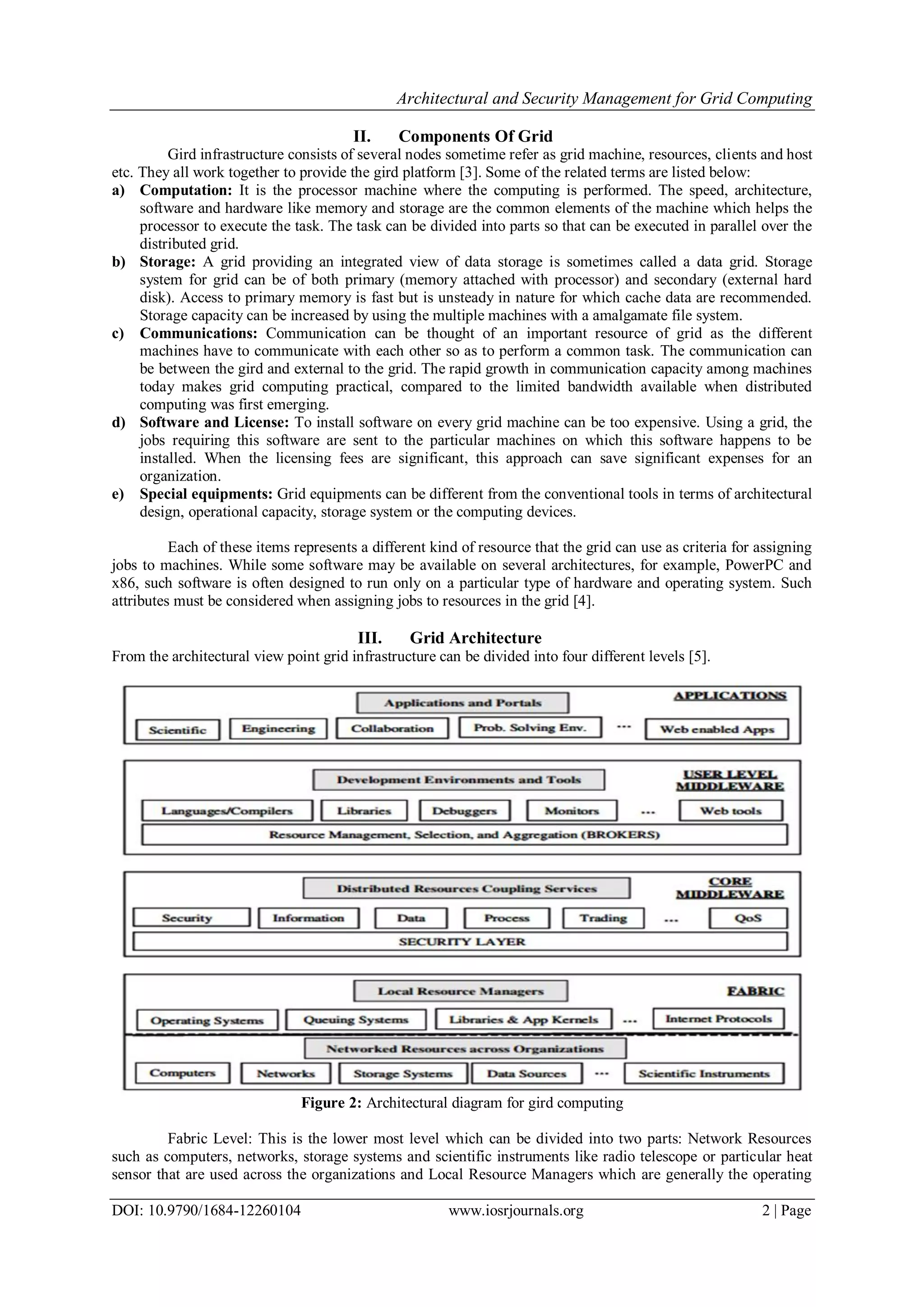 Architectural and Security Management for Grid Computing
DOI: 10.9790/1684-12260104 www.iosrjournals.org 2 | Page
II. Components Of Grid
Gird infrastructure consists of several nodes sometime refer as grid machine, resources, clients and host
etc. They all work together to provide the gird platform [3]. Some of the related terms are listed below:
a) Computation: It is the processor machine where the computing is performed. The speed, architecture,
software and hardware like memory and storage are the common elements of the machine which helps the
processor to execute the task. The task can be divided into parts so that can be executed in parallel over the
distributed grid.
b) Storage: A grid providing an integrated view of data storage is sometimes called a data grid. Storage
system for grid can be of both primary (memory attached with processor) and secondary (external hard
disk). Access to primary memory is fast but is unsteady in nature for which cache data are recommended.
Storage capacity can be increased by using the multiple machines with a amalgamate file system.
c) Communications: Communication can be thought of an important resource of grid as the different
machines have to communicate with each other so as to perform a common task. The communication can
be between the gird and external to the grid. The rapid growth in communication capacity among machines
today makes grid computing practical, compared to the limited bandwidth available when distributed
computing was first emerging.
d) Software and License: To install software on every grid machine can be too expensive. Using a grid, the
jobs requiring this software are sent to the particular machines on which this software happens to be
installed. When the licensing fees are significant, this approach can save significant expenses for an
organization.
e) Special equipments: Grid equipments can be different from the conventional tools in terms of architectural
design, operational capacity, storage system or the computing devices.
Each of these items represents a different kind of resource that the grid can use as criteria for assigning
jobs to machines. While some software may be available on several architectures, for example, PowerPC and
x86, such software is often designed to run only on a particular type of hardware and operating system. Such
attributes must be considered when assigning jobs to resources in the grid [4].
III. Grid Architecture
From the architectural view point grid infrastructure can be divided into four different levels [5].
Figure 2: Architectural diagram for gird computing
Fabric Level: This is the lower most level which can be divided into two parts: Network Resources
such as computers, networks, storage systems and scientific instruments like radio telescope or particular heat
sensor that are used across the organizations and Local Resource Managers which are generally the operating
 