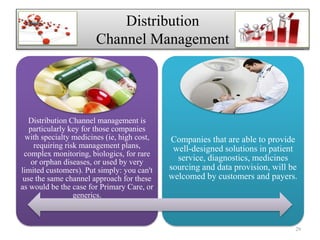 Distribution Channel management is
particularly key for those companies
with specialty medicines (ie, high cost,
requiring risk management plans,
complex monitoring, biologics, for rare
or orphan diseases, or used by very
limited customers). Put simply: you can't
use the same channel approach for these
as would be the case for Primary Care, or
generics.
Companies that are able to provide
well-designed solutions in patient
service, diagnostics, medicines
sourcing and data provision, will be
welcomed by customers and payers.
Distribution
Channel Management
29
 