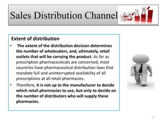 Extent of distribution
• The extent of the distribution decision determines
the number of wholesalers, and, ultimately, retail
outlets that will be carrying the product. As far as
prescription pharmaceuticals are concerned, most
countries have pharmaceutical distribution laws that
mandate full and uninterrupted availability of all
prescriptions at all retail pharmacies.
• Therefore, it is not up to the manufacturer to decide
which retail pharmacies to use, but only to decide on
the number of distributors who will supply these
pharmacies.
Sales Distribution Channel
55
 
