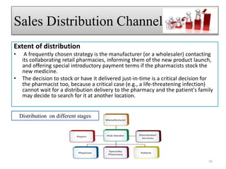 Extent of distribution
• A frequently chosen strategy is the manufacturer (or a wholesaler) contacting
its collaborating retail pharmacies, informing them of the new product launch,
and offering special introductory payment terms if the pharmacists stock the
new medicine.
• The decision to stock or have it delivered just-in-time is a critical decision for
the pharmacist too, because a critical case (e.g., a life-threatening infection)
cannot wait for a distribution delivery to the pharmacy and the patient's family
may decide to search for it at another location.
Sales Distribution Channel
56
Distribution on different stages
 