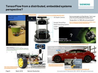 Page 6 March 2016 Sebnem Rusitschka Unrestricted © Siemens AG. 2016. All rights reserved.
TensorFlow from a distributed, embedded systems
perspective?
Some presentation by Pete Warden, Tech Lead
of the TensorFlow Mobile/Embedded team:
“GoogLeNet v1 is 7MB after just quantization”
http://ip.cadence.com/uploads/presentations/1100AM_Tensor
Flow_on_Embedded_Devices_PeteWarden.pdf
?
?
https://www.youtube.com/watch
?v=b0hqhcwDIi4 https://www.autonomous.ai/deep-learning-robot
http://www.nvidia.com/object/embedded-systems.html
http://www.iphoneincanada.ca/
news/tesla-autopilot-summon/
https://www.youtube.com/watch?v=AbcRlDBnwjM
http://www.dexterindustries.com
/shop/gopigo-starter-kit-2/
 