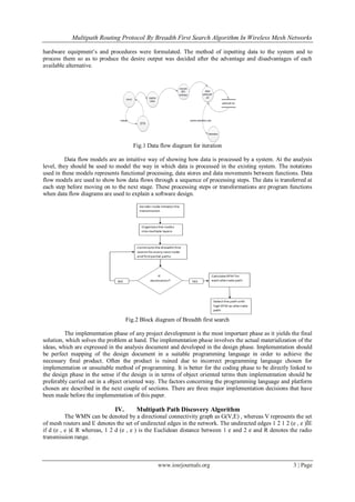 Multipath Routing Protocol By Breadth First Search Algorithm In Wireless Mesh Networks
www.iosrjournals.org 3 | Page
hardware equipment’s and procedures were formulated. The method of inputting data to the system and to
process them so as to produce the desire output was decided after the advantage and disadvantages of each
available alternative.
Fig.1 Data flow diagram for iteration
Data flow models are an intuitive way of showing how data is processed by a system. At the analysis
level, they should be used to model the way in which data is processed in the existing system. The notations
used in these models represents functional processing, data stores and data movements between functions. Data
flow models are used to show how data flows through a sequence of processing steps. The data is transferred at
each step before moving on to the next stage. These processing steps or transformations are program functions
when data flow diagrams are used to explain a software design.
Fig.2 Block diagram of Breadth first search
The implementation phase of any project development is the most important phase as it yields the final
solution, which solves the problem at hand. The implementation phase involves the actual materialization of the
ideas, which are expressed in the analysis document and developed in the design phase. Implementation should
be perfect mapping of the design document in a suitable programming language in order to achieve the
necessary final product. Often the product is ruined due to incorrect programming language chosen for
implementation or unsuitable method of programming. It is better for the coding phase to be directly linked to
the design phase in the sense if the design is in terms of object oriented terms then implementation should be
preferably carried out in a object oriented way. The factors concerning the programming language and platform
chosen are described in the next couple of sections. There are three major implementation decisions that have
been made before the implementation of this paper.
IV. Multipath Path Discovery Algorithm
The WMN can be denoted by a directional connectivity graph as G(V,E) , whereas V represents the set
of mesh routers and E denotes the set of undirected edges in the network. The undirected edges 1 2 1 2 (e , e )ÎE
if d (e , e )£ R whereas, 1 2 d (e , e ) is the Euclidean distance between 1 e and 2 e and R denotes the radio
transmission range.
 