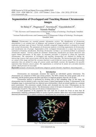 IOSR Journal of VLSI and Signal Processing (IOSR-JVSP)
ISSN: 2319 – 4200, ISBN No. : 2319 – 4197 Volume 1, Issue 5 (Jan. - Feb. 2013), PP 01-06
www.iosrjournals.org
www.iosrjournals.org 1 | Page
Segmentation of Overlapped and Touching Human Chromosome
images
Sri Balaji.V1
, Pragasam.G2
, Sowmiya.R3
, Vijayalakshmi.H4
,
Nirmala Madian5
1,2,3,4
B.E. Electronics and Communication, K.S.Rangasamy College of Technology, Tiruchengode, Namakkal,
India.
5
Assistant ProfessorElectronics and Communication, K.S.Rangasamy College of Technology, Tiruchengode,
Namakkal, India.
Abstract: Chromosomes are essential genomic information carriers. The identification of chromosome
abnormalities is an essential part of diagnosis and treatment of genetic disorders such as chromosomal
syndromes and many types of cancer. Currently available cytogenetic imaging software is designed to classify
only normal chromosomes. The automation of chromosome analysis is involving segmentation of chromosomes
and classification into 24 groups. Segmentation of the overlapped chromosomes is a major step toward the
realization of homolog classification. Resolving chromosome overlaps is an unsolved problem in automated
chromosome analysis. Current systems for automatic chromosome classification are mostly interactive and
require human intervention. In this paper, an automatic procedure is proposed to obtain the separated
chromosomes. The separations of overlapped and touching chromosomes are obtained by finding the
intersecting (concave and convex) points with the help of Novel algorithm. The intersecting points are located
on contour of the image and then the curvature function is used to find out concave points. Then the possible
separation lines are plotted by using all concave points and finally construct the hypotheses for possible
separation lines between concave points. The segmentation is carried out by means of a curvature function
scheme, which proved to be successful.
Keywords:automatic chromosome classification, diagnosis, genetic disorders, hypothesis, interesting points.
I. Introduction
Chromosomes are microscopic structures that specify an individual's genetic information. The
chromosomes are composed of DNA and various proteins. The DNA contains the actual genetic code of an
individual, and the proteins protect the DNA and allow it to duplicate properly when the cell divides.
Chromosome analysis is performed by dividing cells in their metaphase stage. In that stage, the
chromosomes may be stained in such a way that creates a typical band-pattern on them. A chromosome in the
metaphase stage is constructed from two identical arms (chromatides), which are joined together on a common
point (centromere). The centromere actually divides each chromatid into two arms. Chromosomes are the
essential genomic information carriers. The chromosomes consist of 22 pairs of autosomes (1–22) and two sex
chromosomes (X and Y). Thus, there are 24 classes of chromosomes [1].
A small proportion of the population has cells each one of which has fewer or more than 46
chromosomes, implying a substantial deficit or excess of genetic material. Others have one or more structurally
abnormal chromosomes [2], in which a section of a chromosome has moved from its usual to another position.
Fig 1: The Q-band metaphase chromosome images
 