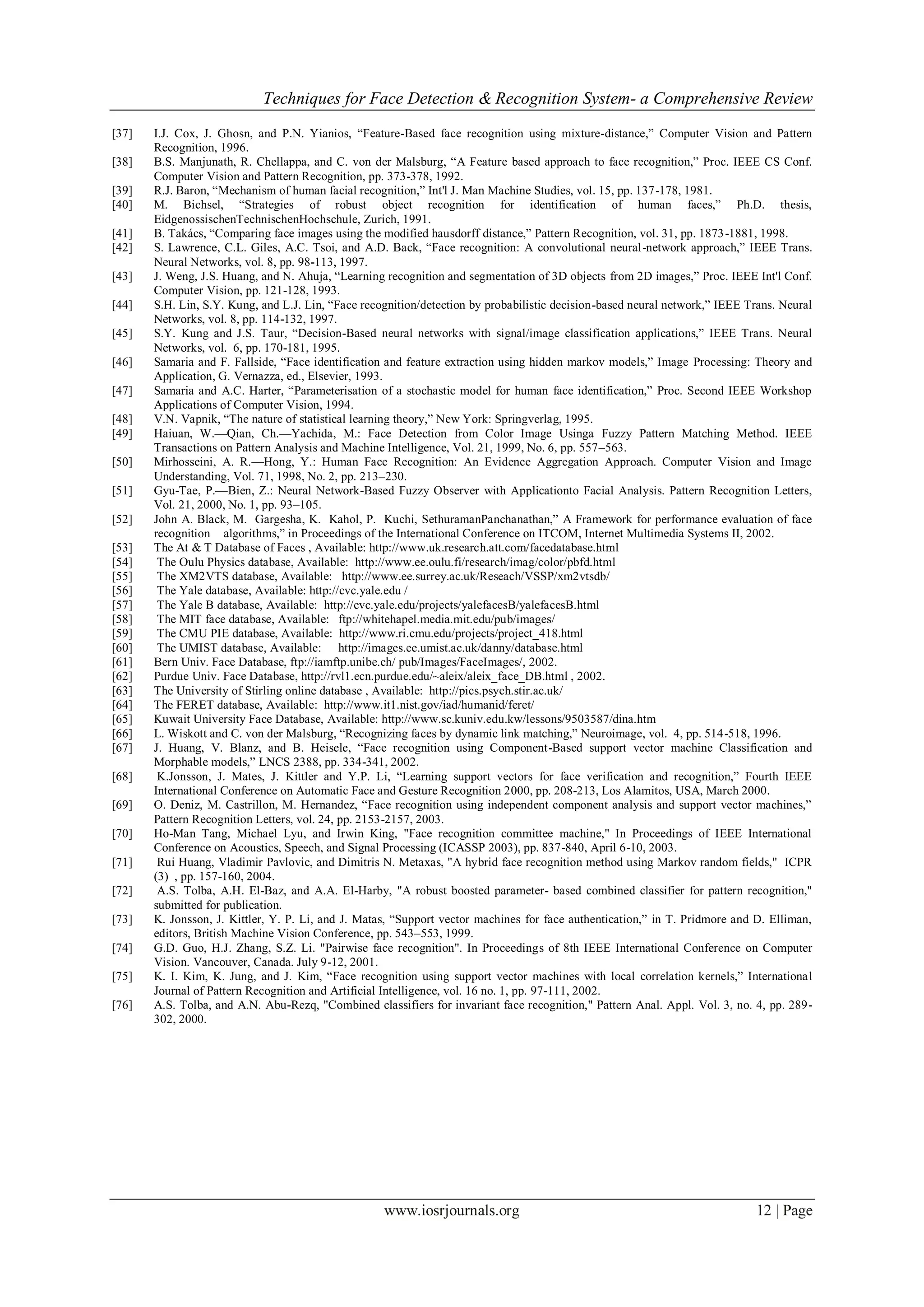 Techniques for Face Detection & Recognition System- a Comprehensive Review
www.iosrjournals.org 12 | Page
[37] I.J. Cox, J. Ghosn, and P.N. Yianios, ―Feature-Based face recognition using mixture-distance,‖ Computer Vision and Pattern
Recognition, 1996.
[38] B.S. Manjunath, R. Chellappa, and C. von der Malsburg, ―A Feature based approach to face recognition,‖ Proc. IEEE CS Conf.
Computer Vision and Pattern Recognition, pp. 373-378, 1992.
[39] R.J. Baron, ―Mechanism of human facial recognition,‖ Int'l J. Man Machine Studies, vol. 15, pp. 137-178, 1981.
[40] M. Bichsel, ―Strategies of robust object recognition for identification of human faces,‖ Ph.D. thesis,
EidgenossischenTechnischenHochschule, Zurich, 1991.
[41] B. Takács, ―Comparing face images using the modified hausdorff distance,‖ Pattern Recognition, vol. 31, pp. 1873-1881, 1998.
[42] S. Lawrence, C.L. Giles, A.C. Tsoi, and A.D. Back, ―Face recognition: A convolutional neural-network approach,‖ IEEE Trans.
Neural Networks, vol. 8, pp. 98-113, 1997.
[43] J. Weng, J.S. Huang, and N. Ahuja, ―Learning recognition and segmentation of 3D objects from 2D images,‖ Proc. IEEE Int'l Conf.
Computer Vision, pp. 121-128, 1993.
[44] S.H. Lin, S.Y. Kung, and L.J. Lin, ―Face recognition/detection by probabilistic decision-based neural network,‖ IEEE Trans. Neural
Networks, vol. 8, pp. 114-132, 1997.
[45] S.Y. Kung and J.S. Taur, ―Decision-Based neural networks with signal/image classification applications,‖ IEEE Trans. Neural
Networks, vol. 6, pp. 170-181, 1995.
[46] Samaria and F. Fallside, ―Face identification and feature extraction using hidden markov models,‖ Image Processing: Theory and
Application, G. Vernazza, ed., Elsevier, 1993.
[47] Samaria and A.C. Harter, ―Parameterisation of a stochastic model for human face identification,‖ Proc. Second IEEE Workshop
Applications of Computer Vision, 1994.
[48] V.N. Vapnik, ―The nature of statistical learning theory,‖ New York: Springverlag, 1995.
[49] Haiuan, W.—Qian, Ch.—Yachida, M.: Face Detection from Color Image Usinga Fuzzy Pattern Matching Method. IEEE
Transactions on Pattern Analysis and Machine Intelligence, Vol. 21, 1999, No. 6, pp. 557–563.
[50] Mirhosseini, A. R.—Hong, Y.: Human Face Recognition: An Evidence Aggregation Approach. Computer Vision and Image
Understanding, Vol. 71, 1998, No. 2, pp. 213–230.
[51] Gyu-Tae, P.—Bien, Z.: Neural Network-Based Fuzzy Observer with Applicationto Facial Analysis. Pattern Recognition Letters,
Vol. 21, 2000, No. 1, pp. 93–105.
[52] John A. Black, M. Gargesha, K. Kahol, P. Kuchi, SethuramanPanchanathan,‖ A Framework for performance evaluation of face
recognition algorithms,‖ in Proceedings of the International Conference on ITCOM, Internet Multimedia Systems II, 2002.
[53] The At & T Database of Faces , Available: http://www.uk.research.att.com/facedatabase.html
[54] The Oulu Physics database, Available: http://www.ee.oulu.fi/research/imag/color/pbfd.html
[55] The XM2VTS database, Available: http://www.ee.surrey.ac.uk/Reseach/VSSP/xm2vtsdb/
[56] The Yale database, Available: http://cvc.yale.edu /
[57] The Yale B database, Available: http://cvc.yale.edu/projects/yalefacesB/yalefacesB.html
[58] The MIT face database, Available: ftp://whitehapel.media.mit.edu/pub/images/
[59] The CMU PIE database, Available: http://www.ri.cmu.edu/projects/project_418.html
[60] The UMIST database, Available: http://images.ee.umist.ac.uk/danny/database.html
[61] Bern Univ. Face Database, ftp://iamftp.unibe.ch/ pub/Images/FaceImages/, 2002.
[62] Purdue Univ. Face Database, http://rvl1.ecn.purdue.edu/~aleix/aleix_face_DB.html , 2002.
[63] The University of Stirling online database , Available: http://pics.psych.stir.ac.uk/
[64] The FERET database, Available: http://www.it1.nist.gov/iad/humanid/feret/
[65] Kuwait University Face Database, Available: http://www.sc.kuniv.edu.kw/lessons/9503587/dina.htm
[66] L. Wiskott and C. von der Malsburg, ―Recognizing faces by dynamic link matching,‖ Neuroimage, vol. 4, pp. 514-518, 1996.
[67] J. Huang, V. Blanz, and B. Heisele, ―Face recognition using Component-Based support vector machine Classification and
Morphable models,‖ LNCS 2388, pp. 334-341, 2002.
[68] K.Jonsson, J. Mates, J. Kittler and Y.P. Li, ―Learning support vectors for face verification and recognition,‖ Fourth IEEE
International Conference on Automatic Face and Gesture Recognition 2000, pp. 208-213, Los Alamitos, USA, March 2000.
[69] O. Deniz, M. Castrillon, M. Hernandez, ―Face recognition using independent component analysis and support vector machines,‖
Pattern Recognition Letters, vol. 24, pp. 2153-2157, 2003.
[70] Ho-Man Tang, Michael Lyu, and Irwin King, "Face recognition committee machine," In Proceedings of IEEE International
Conference on Acoustics, Speech, and Signal Processing (ICASSP 2003), pp. 837-840, April 6-10, 2003.
[71] Rui Huang, Vladimir Pavlovic, and Dimitris N. Metaxas, "A hybrid face recognition method using Markov random fields," ICPR
(3) , pp. 157-160, 2004.
[72] A.S. Tolba, A.H. El-Baz, and A.A. El-Harby, "A robust boosted parameter- based combined classifier for pattern recognition,"
submitted for publication.
[73] K. Jonsson, J. Kittler, Y. P. Li, and J. Matas, ―Support vector machines for face authentication,‖ in T. Pridmore and D. Elliman,
editors, British Machine Vision Conference, pp. 543–553, 1999.
[74] G.D. Guo, H.J. Zhang, S.Z. Li. "Pairwise face recognition". In Proceedings of 8th IEEE International Conference on Computer
Vision. Vancouver, Canada. July 9-12, 2001.
[75] K. I. Kim, K. Jung, and J. Kim, ―Face recognition using support vector machines with local correlation kernels,‖ International
Journal of Pattern Recognition and Artificial Intelligence, vol. 16 no. 1, pp. 97-111, 2002.
[76] A.S. Tolba, and A.N. Abu-Rezq, "Combined classifiers for invariant face recognition," Pattern Anal. Appl. Vol. 3, no. 4, pp. 289-
302, 2000.
 