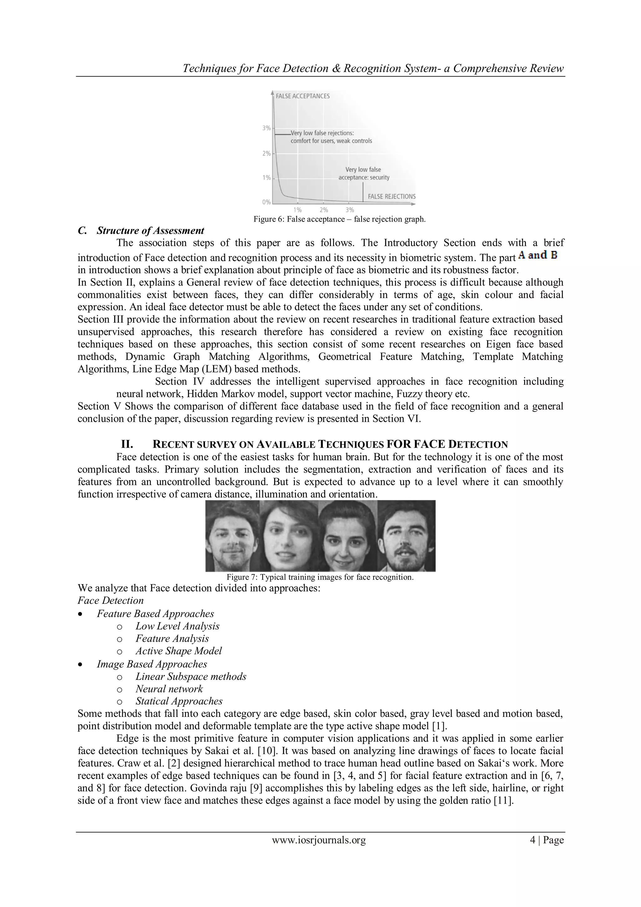 Techniques for Face Detection & Recognition System- a Comprehensive Review
www.iosrjournals.org 4 | Page
Figure 6: False acceptance – false rejection graph.
C. Structure of Assessment
The association steps of this paper are as follows. The Introductory Section ends with a brief
introduction of Face detection and recognition process and its necessity in biometric system. The part
in introduction shows a brief explanation about principle of face as biometric and its robustness factor.
In Section II, explains a General review of face detection techniques, this process is difficult because although
commonalities exist between faces, they can differ considerably in terms of age, skin colour and facial
expression. An ideal face detector must be able to detect the faces under any set of conditions.
Section III provide the information about the review on recent researches in traditional feature extraction based
unsupervised approaches, this research therefore has considered a review on existing face recognition
techniques based on these approaches, this section consist of some recent researches on Eigen face based
methods, Dynamic Graph Matching Algorithms, Geometrical Feature Matching, Template Matching
Algorithms, Line Edge Map (LEM) based methods.
Section IV addresses the intelligent supervised approaches in face recognition including
neural network, Hidden Markov model, support vector machine, Fuzzy theory etc.
Section V Shows the comparison of different face database used in the field of face recognition and a general
conclusion of the paper, discussion regarding review is presented in Section VI.
II. RECENT SURVEY ON AVAILABLE TECHNIQUES FOR FACE DETECTION
Face detection is one of the easiest tasks for human brain. But for the technology it is one of the most
complicated tasks. Primary solution includes the segmentation, extraction and verification of faces and its
features from an uncontrolled background. But is expected to advance up to a level where it can smoothly
function irrespective of camera distance, illumination and orientation.
Figure 7: Typical training images for face recognition.
We analyze that Face detection divided into approaches:
Face Detection
 Feature Based Approaches
o Low Level Analysis
o Feature Analysis
o Active Shape Model
 Image Based Approaches
o Linear Subspace methods
o Neural network
o Statical Approaches
Some methods that fall into each category are edge based, skin color based, gray level based and motion based,
point distribution model and deformable template are the type active shape model [1].
Edge is the most primitive feature in computer vision applications and it was applied in some earlier
face detection techniques by Sakai et al. [10]. It was based on analyzing line drawings of faces to locate facial
features. Craw et al. [2] designed hierarchical method to trace human head outline based on Sakai‗s work. More
recent examples of edge based techniques can be found in [3, 4, and 5] for facial feature extraction and in [6, 7,
and 8] for face detection. Govinda raju [9] accomplishes this by labeling edges as the left side, hairline, or right
side of a front view face and matches these edges against a face model by using the golden ratio [11].
 