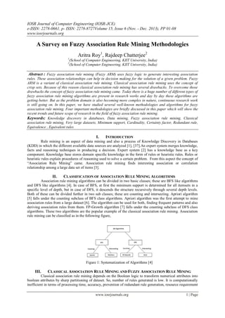 IOSR Journal of Computer Engineering (IOSR-JCE)
e-ISSN: 2278-0661, p- ISSN: 2278-8727Volume 15, Issue 6 (Nov. - Dec. 2013), PP 01-08
www.iosrjournals.org
www.iosrjournals.org 1 | Page
A Survey on Fuzzy Association Rule Mining Methodologies
Aritra Roy1
, Rajdeep Chatterjee2
1
(School of Computer Engineering, KIIT University, India)
2
(School of Computer Engineering, KIIT University, India)
Abstract : Fuzzy association rule mining (Fuzzy ARM) uses fuzzy logic to generate interesting association
rules. These association relationships can help in decision making for the solution of a given problem. Fuzzy
ARM is a variant of classical association rule mining. Classical association rule mining uses the concept of
crisp sets. Because of this reason classical association rule mining has several drawbacks. To overcome those
drawbacks the concept of fuzzy association rule mining came. Today there is a huge number of different types of
fuzzy association rule mining algorithms are present in research works and day by day these algorithms are
getting better. But as the problem domain is also becoming more complex in nature, continuous research work
is still going on. In this paper, we have studied several well-known methodologies and algorithms for fuzzy
association rule mining. Four important methodologies are briefly discussed in this paper which will show the
recent trends and future scope of research in the field of fuzzy association rule mining.
Keywords: Knowledge discovery in databases, Data mining, Fuzzy association rule mining, Classical
association rule mining, Very large datasets, Minimum support, Cardinality, Certainty factor, Redundant rule,
Equivalence , Equivalent rules
I. INTRODUCTION
Rule mining is an aspect of data mining and also a process of Knowledge Discovery in Databases
(KDD) in which the different available data sources are analyzed [1], [37].An expert system merges knowledge,
facts and reasoning techniques in producing a decision. Expert system [2] has a knowledge base as a key
component. Knowledge base stores domain specific knowledge in the form of rules or heuristic rules. Rules or
heuristic rules explain procedures of reasoning used to solve a certain problem. From this aspect the concept of
“Association Rule Mining” came. Association rule mining finds interesting association or correlation
relationship among a large data set of items [3].
II. CLASSIFICATION OF ASSOCIATION RULE MINING ALGORITHMS
Association rule mining algorithms can be divided in two basic classes; these are BFS like algorithms
and DFS like algorithms [4]. In case of BFS, at first the minimum support is determined for all itemsets in a
specific level of depth, but in case of DFS, it descends the structure recursively through several depth levels.
Both of these can be divided further in two sub classes; these are counting and intersecting. Apriori algorithm
[5] falls under the counting subclass of BFS class algorithms. Apriori algorithm was the first attempt to mine
association rules from a large dataset [6]. The algorithm can be used for both, finding frequent patterns and also
deriving association rules from them. FP-Growth algorithm [7] falls under the counting subclass of DFS class
algorithms. These two algorithms are the popular example of the classical association rule mining. Association
rule mining can be classified as in the following figure,
Figure 1: Systematization of Algorithms [4]
III. CLASSICAL ASSOCIATION RULE MINING AND FUZZY ASSOCIATION RULE MINING
Classical association rule mining depends on the Boolean logic to transform numerical attributes into
boolean attributes by sharp partitioning of dataset. So, number of rules generated is low. It is computationally
inefficient in terms of processing time, accuracy, prevention of redundant rule generation, resource requirement
 