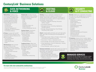 Services not available everywhere. Business customers only. CenturyLink may change or cancel services or substitute
similar services at its sole discretion without notice. ©2014 CenturyLink. All Rights Reserved. CM140567 03/2014
SECURITY
& IT CONSULTING
HOSTING
& CLOUD
CenturyLink®
Business Solutions
DATA NETWORKING
& VOICE
Networking: Enables you to
run business applications 24/7
on our globally managed Public
and Private IP-based network,
including multi-protocol label
switching (MPLS) and Virtual
Private LAN Services (VPLS).
• Internet Port
• Private Port
• Enhanced Port 	
• Network Management
• Managed IP Communications
• IQ Wireless Backup
IP Voice: Includes VoIP and SIP
Trunking solutions tailored to your
business to improve efficiency and
add functionality.
• IP Long Distance
• SIP Trunking
• SIP Voice Bundles
• VoIP
CPE Hardware: Best of breed
partners to help you take
advantage of network solutions
without making a high investment.
• Hosted Unified
Communication Services
(HUCS)
• IP Telephony
• Managed Equipment
• Unified Communications
• WAN Optimization
Private Line: Provides local and
global dedicated circuits, switched
Ethernet & diversity options from
1.5 Mbps to 100 Gbps.
• DS1
• DS3
• E-Line
• SONET
• Ethernet Private Line
• Metro Ethernet
• Optical Wavelength Service
Contact Center: On-demand
IVR and routing solutions
help you deliver exceptional
customer service.
• Call Recording
• Hosted IVR
• Hosted ACD
• Notification
• Prompt & Route
Traditional Voice: Offers time-
tested voice service. CenturyLink
provides the breadth of expertise
you need for your voice
technology solution.
• ISDN
• Local Lines
• Long Distance
• Toll Free
• Voice/Web Conferencing
Hosting: Focus on application development and
operational continuity instead of infrastructure
upkeep, reduce data center expenses, secure your IT
environment and increase uptime to support back-up
and disaster recovery plans.
• Colocation: Migration Planning, Structured
Cabling, Support
• Connected Colocation
• Managed Hosting: Consulting, Applications,
Storage & Backup
• Storage: Backup & Archiving, Cloud Storage,
Consulting, NAS, & SAN
Cloud: Increase agility and lower cost with high-quality
SaaS, IaaS, PaaS, and Advanced Cloud Management
solutions.
• Cloud Data Center: Public or Private or Hybrid cloud
computing with dedicated resources
• Cloud Server: Public or dedicated servers
• Cloud Storage: Secure data access and retrieval
• Cloud Applications: Email & Collaboration, Hosting,
and Security & Backup
• Cloud Developer: IaaS and PaaS tools
Business Continuity: Operate 24/7, support your back-up
and disaster recovery plans and deliver a reliable and
high-quality user experience.
• Data Backup & Storage
• Hosting & Managed Colocation
• Network Redundancy & Protection
• Telephony Solutions for Continuity
of Communications
Security: Defend your organization and protect
your data with vital managed security solutions
to preserve your brand, and enable you to
be compliant.
• Application Protection
• Authentication
• AVAS / Web Filtering
• Consulting
• Data Backup & Storage
• DDoS Mitigation
• Firewall
• IDS/IPS
• Managed Firewall
• Network Redundancy & Protection
• Network Security
• PCI Assessment
• Professional Security Services
IT Solutions: Improve time to market, reduce
costs by optimizing resources, increase ROI, and
move to the cloud with end-to-end IT services.
• Consulting: Strategy and Systems
• Consulting: Cloud Enablement
• Application Support & Maintenance
• Test Implementation and Execution
• Remote Infrastructure Management
• BI/Data Analytics
• Security
MANAGED SERVICES
CenturyLink can also manage and customize a unique
solution for your business from our portfolio of data
networking, voice, hosting, cloud and security services.
For more info visit centurylink.com/business
 