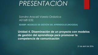 PRESENTACIÓN
Sandra Araceli Varela Ordorica
A01681232.
ED5089: MODELOS DE GESTIÓN DEL APRENDIZAJE (MOGESA)
Unidad 4. Diseminación de un proyecto con modelos
de gestión del aprendizaje para promover la
competencia de comunicación
21 de abril de 2016
 
