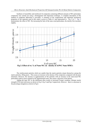 Micro Structure Amd Mechanical Properties Of Nanoparticulate Wc/Al Metal Matrix Composites
www.ijres.org 3 | Page
Synthesis of monolithic and reinforced Al composites containing different amounts of WC particulates
composites was carried out using a disintegrated melt deposition technique. A complete description of the
method of composite fabrication is provided. A summary of the compositions and important mechanical
properties of the materials used in this study is given in Table 6.1 and represented in Fig. 2 to 7. Fig. 2
demonstrates the effect of WC. By increasing the ratio of the nano sized particulates, the density first increases
slightly.
The reinforcement particles which are smaller than the matrix particles situate themselves among the
matrix particles, filling pores. This causes an increase in the density of the composites compared with the pure
aluminum. However, the increase in agglomeration of the particles with an increase in the nano-sized WC
particulates leads to pores retained in the agglomerated zones, this causes a decrease in the density.
Adding the nano WC to the aluminium alloy results in increased Young’s modulus, ultimate tensile
strength (UTS) and yield stress as shown in Fig.3, Fig. 4 and Fig.5 respectively. However there is a decrease in
the percentage elongation as shown in Fig.6.
Fig 2: Effect of wt. % of Nano WC on density of Al/WC Nano MMCs
 