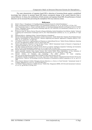 Comparative Study on Intrusion Detection Systems for Smartphones…
DOI: 10.9790/0661-17360104 www.iosrjournals.org 4 | Page
The main characteristic of signature based IDS is detection of incoming threats against a predefined
knowledge base whereas in anomaly based IDS detects unexpected change in the system behavior from a
normal behavior. In future, the combination of both anomaly and signature based IDS, the performance of attack
detection can be increased thus preventing the smartphone from any malicious attack.
References
[1]. Rohit S. Thune, J. Thangakumar,“A Cloud-Based Intrusion Detection System for Android Smartphones,”
[2]. Radar, Communication and Computing (ICRCC), 2012 International Conference on, vol., no., pp.180-184, 21-22 Dec. 2012.
[3]. Amir Houmansadr, Saman A. Zonouz, and Robin Berthier,“A Cloud-based Intrusion Detection and Response System for Mobile
Phones,” Dependable Systems and Networks Workshops (DSN-W), 2011 IEEE/IFIP 41st International Conference on, vol., no.,
pp.31-32, 27-30 June 2011.
[4]. Dr.Marwan Omar, Dr. Maurice Dawson,“Reseach in Progress-Defending Android Smartphones from Malware Attacks,” Advanced
Computing and Communication Technologies (ACCT), 2013 Third International Conference on, vol., no., pp.288-292, 6-7 April
2013.
[5]. Muhamed Halilovic, Abdulhamit Subasi, “Intrusion Detection on Smartphone”.
[6]. Masoud Ghorbanian, Bharanidharan Shanmugam, Ganthan Narayansamy, Norbik Bashah Idris,“Signature-Based Hybrid Intrusion
Detection System(HIDS) for Android Devices,” Business Engineering and Industrial Applications Colloquium (BEIAC), 2013
IEEE, vol., no., pp.827-831, 7-9 April 2013.
[7]. Asaf Shabtai, Yuval Elovici,“Applying Behavioral Detection on Android-Based Devices,” Mobile Wireless Middleware, Operating
Sys-tems, and Applications, Springer, vol.48, no., pp.235-249, 2010.
[8]. Namita Jacob,“Intrusion Detection In Cloud for Smart Phones,” IJREAT International Journal of Research in Engineering &
Advanced Technology on, vol.1, no.1, pp., March 2013.
[9]. Han Bing,“Analysis and Research of System Security Based on An-droid.” Intelligent Computation Technology and Automation
(ICICTA), 2012 Fifth International Conference on, vol., no., pp.581-584, 12-14 Jan. 2012.
[10]. McAfee Threat Report: Second Quarter 2013: http://www.mcafee.com/ca/resources/reports/rp-quarterly-threat-q2-2013.pdf
[11]. Jazilah Jamaluddin, Nikoletta Zotou, Reuben Edwads, Paul Coulton,“Mobile Phone Vulnerabilities: A New Generation of
Malware,” Consumer Electronics, 2004 IEEE International Symposium on, vol., no., pp.199-202, 1-3 Sept. 2004.
[12]. National Institute of Standards and Technology. The NIST definition of cloud computing:
http://csrc.nist.gov/publications/nistpubs/800-145/SP800-145.pdf, (retrieved at2012-05-10).
[13]. Jon Oberheide, Kaushik Veeraraghavan, Evan Cooke, Jason Flinn, Farnam Jahanian,“Virtualized In-Cloud Security Services For
Mobile Devices,” MobiVirt ’08 Proceedings of the First Workshop on Virtualization in Mobile Computing on, vol., no., pp.31-35,
2008.
[14]. Hatem Hamed, Mahmoud Al-Hoby,“Managing Intrusion Detection as a Service in Cloud Networks,” International Journal of
Computer Applications on, vol.41 no.1, pp.35-40, March 2012.
[15]. Asaf Shabtai,“Malware Detection on Mobile Devices,” Mobile Data Mangament (MDM), 2010 Eleventh International Conference
on, vol., no., pp.289-290, 23-26 May 2010.
 