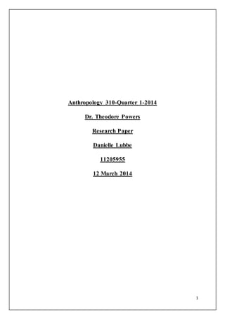1
Anthropology 310-Quarter 1-2014
Dr. Theodore Powers
Research Paper
Danielle Lubbe
11205955
12 March 2014
 