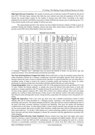 E-Tailing: The Shifting Visage Of Retail Business In India
DOI: 10.9790/0661-18130110 www.iosrjournals.org 5 | Page
High Speed Internet Connection: The number of internet users in India has reached 354 million by the end of
June 2015. The latest figure indicates that India has more internet users than the population of the US and
become the second largest country by the number of internet users after China. According to the report
published by the Internet And Mobile Association of India (IAMAI), the internet users in India has grown 17%
in the initial 6 months of this year, adding 52 million new users.
The unprecedented growth in the internet user base helped eCommerce industry of India to grow by
multifold. Startups like Flipkart, Snapdeal, Amazon and many other online eStores recorded over 100% YoY
growth in their GMV (Gross Merchandise Value) and valuation
Internet Users in India
Year
(July1)
Internet
Users**
User
Growth
NewUsers
Country
Population
Population
Change
Penetration
(%ofPop.
with
Internet)Country's
Shareof
World
PopulationCountry's
Shareof
World
Internet
Users
Global
Rank
2014
*
243,198,9
22
14% 29,859,5
98
1,267,401,84
9
1.22% 19.19
%
17.50
%
8.33% 3
2013
*
213,339,3
24
37% 57,763,3
80
1,252,139,59
6
1.25% 17.04
%
17.48
%
7.87% 3
2012 155,575,9
44
27% 32,605,5
03
1,236,686,73
2
1.27% 12.58
%
17.47
%
6.18% 3
2011 122,970,4
41
36% 32,548,5
93
1,221,156,31
9
1.29% 10.07
%
17.45
%
5.39% 3
2010 90,421,84
9
48% 29,486,7
79
1,205,624,64
8
1.30% 7.50% 17.43
%
4.42% 4
2009 60,935,06
9
18% 9,484,85
9
1,190,138,06
9
1.32% 5.12% 17.41
%
3.45% 6
2008 51,450,21
0
12% 5,665,94
8
1,174,662,33
4
1.34% 4.38% 17.39
%
3.27% 6
2007 45,784,26
2
43% 13,709,2
81
1,159,095,25
0
1.38% 3.95% 17.37
%
3.33% 6
2006 32,074,98
1
19% 5,157,94
8
1,143,289,35
0
1.43% 2.81% 17.34
%
2.76% 7
2005 26,917,03
3
23% 4,969,54
5
1,127,143,54
8
1.49% 2.39% 17.30
%
2.62% 7
2004 21,947,48
8
19% 3,500,88
4
1,110,626,10
8
1.54% 1.98% 17.26
%
2.41% 8
2003 18,446,60
4
11% 1,888,21
0
1,093,786,76
2
1.59% 1.69% 17.20
%
2.37% 9
2002 16,558,39
4
137
%
9,564,13
8
1,076,705,72
3
1.62% 1.54% 17.14
%
2.50% 8
2001 6,994,257 27% 1,495,98
8
1,059,500,88
8
1.65% 0.66% 17.08
%
1.40% 12
2000 5,498,269 96% 2,697,68
0
1,042,261,75
8
1.68% 0.53% 17.01
%
1.33% 9
(* Estimate ** Internet User = Individual who can access the Internet at home, via any device type and
connection) Source: www.internetlivestats.com/internet-users/india/
The Trust of having Bricks to Support the Clicks: Bricks-and-Clicks is a type of e-retailing system where the
online distribution channel for a company complements successful and popular physical stores This type of
business reduces the issues of trust as customers know that there is a physical shop they can visit when there is
something wrong. It helps to remove the concern of product quality and increases the chance for online
purchasing if customers already know the products and their qualities that they are used to buying.
Young demographics: India is a young country with 35% of the population between the age bracket of 15 and
35 years. Further, the Internet audience, i.e. people who access the Internet from either home or work, also
comprises a younger population with 75% people between the age bracket of 15 and 34 years, of which the 25-
34 years of age segment comprises 40%. About 50% of these visit e-tailing websites. This is the core target
audience for e-tailing in India, both because of their access to the Internet, comfort with online transactions,
their lifestyle needs and disposable income. Going forward, young India will continue to drive the growth of e-
tailing.
Supply-side imperatives: Until a few years ago, there were only a handful of prominent e-tailers in India
offering what can be better described as a ‗catalogue buying‘ experience, with limited focus on interface,
technology and execution. This started changing around five years ago with new entrants redefining the rules of
the game with better consumer interfaces, execution and marketing. They grew the market and introduced
competitiveness in the space. As these players battle to attain critical consumer mass and grab top slots, there
are now more products and services on offer, better interfaces, reliable back-ends, delivery and payment options
(like cash-on-delivery, ‗Try & Buy‘, EMI schemes etc.), online technology enablers to assist such purchasing,
heavy discounts and mass media campaigns to educate the consumers and allay apprehensions associated with
online shopping.
Increasing Product Diversity, Static Standards: Massive retailers have long dealt with supply chain issues
related to carrying a variety of products that are not easily packaged and shipped together. But now smaller-
scale retailers in both the B2B and B2C marketplaces are adapting and accepting the need for a diverse
inventory to accommodate consumers‘ increasing demands for variety from their online store. Numerous
 