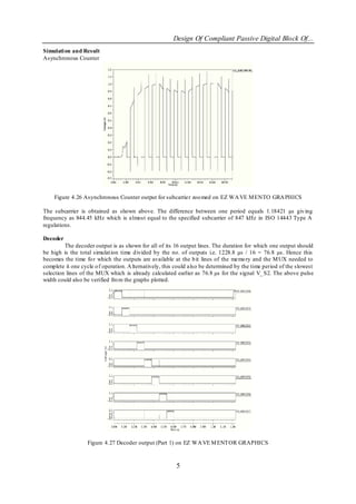 Design Of Compliant Passive Digital Block Of...
Simulati on and Result
Asynchronous Counter




    Figure 4.26 Asynchronous Counter output for subcarrier zoo med on EZ WA VE M ENTO GRA PHICS

The subcarrier is obtained as shown above. The difference between one period equals 1.18421 µs giv ing
frequency as 844.45 kHz which is almost equal to the specified subcarrier of 847 kHz in ISO 14443 Type A
regulations.

Decoder
         The decoder output is as shown for all of its 16 output lines. The duration for which one output should
be high is the total simulat ion time d ivided by the no. of outputs i.e. 1228.8 µs / 16 = 76.8 µs. Hence this
becomes the time fo r which the outputs are available at the b it lines of the memo ry and the M UX needed to
complete it one cycle o f operation. A lternatively, this could also be determined by the time period of the slowest
selection lines of the MUX which is already calculated earlier as 76.8 µs for the signal V_ S2. The above pulse
width could also be verified fro m the graphs plotted.




                   Figure 4.27 Decoder output (Part 1) on EZ WA VE M ENTOR GRAPHICS



                                                         5
 