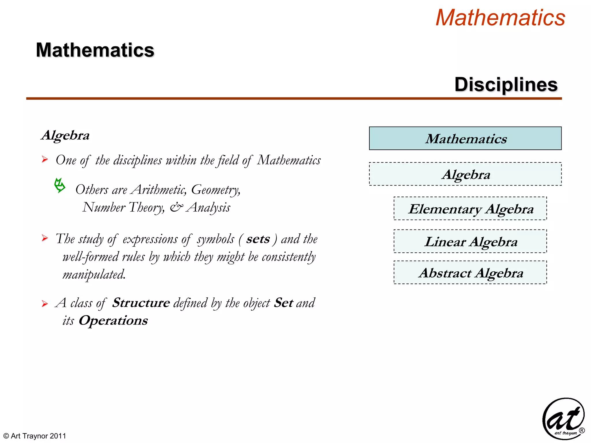 © Art Traynor 2011
Mathematics
Disciplines
Algebra
One of the disciplines within the field of Mathematics
Mathematics
Others are Arithmetic, Geometry,
Number Theory, & Analysis

The study of expressions of symbols ( sets ) and the
well-formed rules by which they might be consistently
manipulated.

Algebra
Elementary Algebra
Abstract Algebra
A class of Structure defined by the object Set and
its Operations

Linear Algebra
Mathematics
 