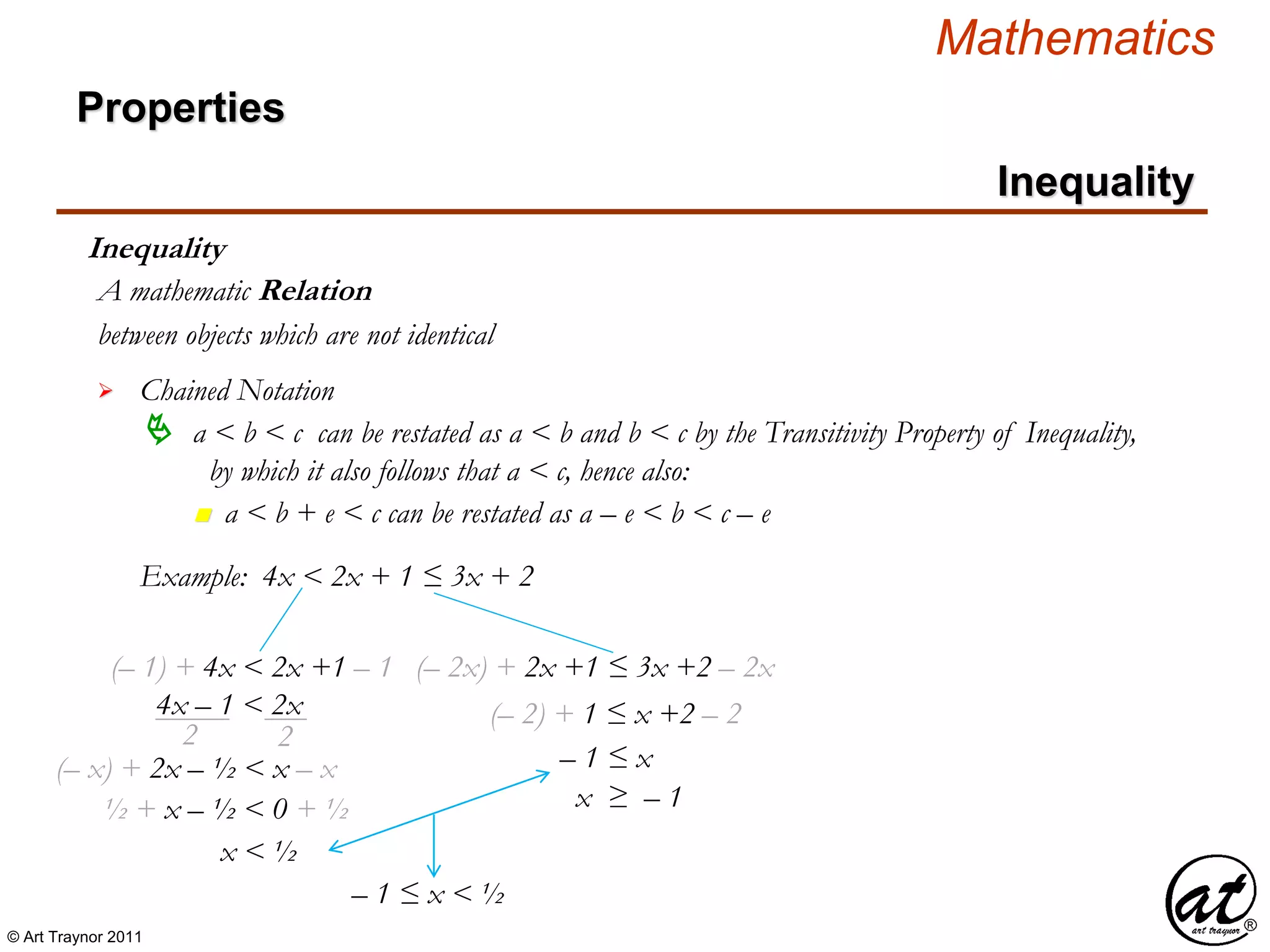 © Art Traynor 2011
Mathematics
Properties
Inequality
Inequality
between objects which are not identical
A mathematic Relation
 Chained Notation
 a < b < c can be restated as a < b and b < c by the Transitivity Property of Inequality,
by which it also follows that a < c, hence also:
Example: 4x < 2x + 1 ≤ 3x + 2
n a < b + e < c can be restated as a – e < b < c – e
(– 1) + 4x < 2x +1 – 1
4x – 1 < 2x
22
(– x) + 2x – ½ < x – x
½ + x – ½ < 0 + ½
x < ½
(– 2x) + 2x +1 ≤ 3x +2 – 2x
(– 2) + 1 ≤ x +2 – 2
– 1 ≤ x
x ≥ – 1
– 1 ≤ x < ½
 