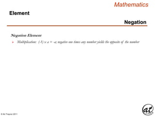 © Art Traynor 2011
Mathematics
Negation Element
 Multiplication: (-1) x a = -a; negative one times any number yields the opposite of the number
Negation
Element
 