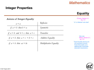 © Art Traynor 2011
Mathematics
Equality
Integer Properties
Axioms of Integer Equality
Reflexive
Symmetric
a = a
“a” is ‘reflected’ onto itself
O’Leary, Section 5.1,
Pg. 171
if a = b then b = a
Transitiveif a = b and b = c then a = c
Additive Equality
Multiplicative Equality
if a = b then a + c = b + c
Also see:
Blitzer, Section 2.1,
pg. 115
These Equality Axioms are
(for purposes of proof)
those that enable us to
algebraically manipulate
equivalent expressions.
if a = b then ac = bc
 