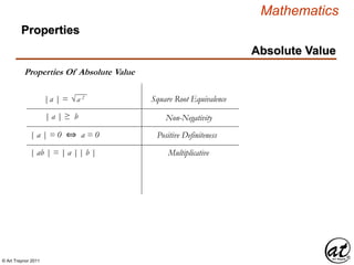 © Art Traynor 2011
Mathematics
Properties Of Absolute Value
Square Root Equivalence
Non-Negativity
Properties
Absolute Value
|a | = √ a 2
| a | ≥ b
| a | = 0 ⟺ a = 0 Positive Definiteness
| ab | = | a || b | Multiplicative
 