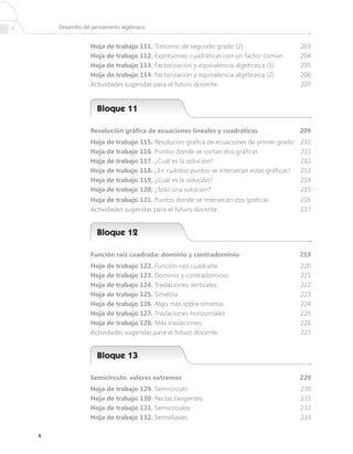 Desarrollo del pensamiento algebraico


                 Hoja de trabajo 111. Trinomio de segundo grado (2)                      203
                 Hoja de trabajo 112. Expresiones cuadráticas con un factor común        204
                 Hoja de trabajo 113. Factorización y equivalencia algebraica (1)        205
                 Hoja de trabajo 114. Factorización y equivalencia algebraica (2)        206
                 Actividades sugeridas para el futuro docente                            207


                    Bloque 11

                 Resolución gráfica de ecuaciones lineales y cuadráticas                 209
                 Hoja de trabajo 115. Resolución gráfica de ecuaciones de primer grado   210
                 Hoja de trabajo 116. Puntos donde se cortan dos gráficas                211
                 Hoja de trabajo 117. ¿Cuál es la solución?                              212
                 Hoja de trabajo 118. ¿En cuántos puntos se intersecan estas gráficas?   213
                 Hoja de trabajo 119. ¿Cuál es la solución?                              214
                 Hoja de trabajo 120. ¿Sólo una solución?                                215
                 Hoja de trabajo 121. Puntos donde se intersecan dos gráficas            216
                 Actividades sugeridas para el futuro docente                            217


                    Bloque 12

                 Función raíz cuadrada: dominio y contradominio                          219
                 Hoja de trabajo 122. Función raíz cuadrada                              220
                 Hoja de trabajo 123. Dominio y contradominio                            221
                 Hoja de trabajo 124. Traslaciones verticales                            222
                 Hoja de trabajo 125. Simetría                                           223
                 Hoja de trabajo 126. Algo más sobre simetría                            224
                 Hoja de trabajo 127. Traslaciones horizontales                          225
                 Hoja de trabajo 128. Más traslaciones                                   226
                 Actividades sugeridas para el futuro docente                            227


                    Bloque 13

                 Semicírculo: valores extremos                                           229
                 Hoja de trabajo 129. Semicírculo                                        230
                 Hoja de trabajo 130. Rectas tangentes                                   231
                 Hoja de trabajo 131. Semicírculos                                       232
                 Hoja de trabajo 132. Semielipses                                        233

x
 