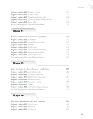 Contenido


Hoja de trabajo 133. Elipses y círculos                234
Hoja de trabajo 134. ¡Arriba, abajo!                   235
Hoja de trabajo 135. Traslaciones horizontales         236
Hoja de trabajo 136. ¡Parece que se hunden y flotan!   237
Hoja de trabajo 137. Carita feliz                      238
Actividades sugeridas para el futuro docente           239


  Bloque 14

Función racional: discontinuidad y asíntotas           241
Hoja de trabajo 138. Hipérbolas                        242
Hoja de trabajo 139. Asíntotas horizontales            243
Hoja de trabajo 140. Simetría                          244
Hoja de trabajo 141. Coeficientes                      245
Hoja de trabajo 142. Traslaciones horizontales         246
Hoja de trabajo 143. Traslaciones verticales           247
Hoja de trabajo 144. ¿Y estas gráficas?                248
Actividades sugeridas para el futuro docente           249


  Bloque 15

Valor absoluto: funciones lineales y cuadráticas       251
Hoja de trabajo 145. Valor absoluto (1)                252
Hoja de trabajo 146. Traslación y simetría             253
Hoja de trabajo 147. Coeficientes distintos de 1       254
Hoja de trabajo 148. Valor absoluto (2)                255
Hoja de trabajo 149. Traslación vertical               256
Hoja de trabajo 150. Galería                           257
Hoja de trabajo 151. Valor absoluto y parábolas        258
Actividades sugeridas para el futuro docente           259


  Bloque 16

Funciones trigonométricas: seno y coseno               261
Hoja de trabajo 152. Función seno                      262
Hoja de trabajo 153. Amplitud                          263
Hoja de trabajo 154. Frecuencia                        264

                                                                  xi
 