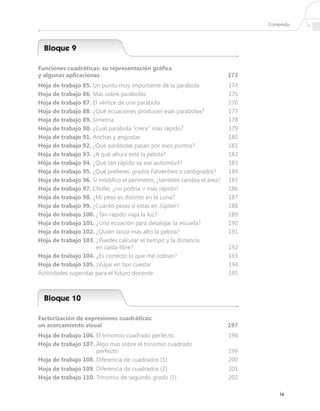Contenido




  Bloque 9

Funciones cuadráticas: su representación gráfica
y algunas aplicaciones                                                   173
Hoja de trabajo 85. Un punto muy importante de la parábola               174
Hoja de trabajo 86. Más sobre parábolas                                  175
Hoja de trabajo 87. El vértice de una parábola                           176
Hoja de trabajo 88. ¿Qué ecuaciones producen esas parábolas?             177
Hoja de trabajo 89. Simetría                                             178
Hoja de trabajo 90. ¿Cuál parábola “crece” más rápido?                   179
Hoja de trabajo 91. Anchas y angostas                                    180
Hoja de trabajo 92. ¿Qué parábolas pasan por esos puntos?                181
Hoja de trabajo 93. ¿A qué altura está la pelota?                        182
Hoja de trabajo 94. ¿Qué tan rápido va ese automóvil?                    183
Hoja de trabajo 95. ¿Qué prefieres: grados Fahrenheit o centígrados?     184
Hoja de trabajo 96. Si modifico el perímetro, ¿también cambia el área?   185
Hoja de trabajo 97. Chofer, ¿no podría ir más rápido?                    186
Hoja de trabajo 98. ¿Mi peso es distinto en la Luna?                     187
Hoja de trabajo 99. ¿Cuánto pesas si estás en Júpiter?                   188
Hoja de trabajo 100. ¿Tan rápido viaja la luz?                           189
Hoja de trabajo 101. ¿Una ecuación para desalojar la escuela?            190
Hoja de trabajo 102. ¿Quién lanza más alto la pelota?                    191
Hoja de trabajo 103.  Puedes calcular el tiempo y la distancia
                      ¿
                      en caída libre?                                    192
Hoja de trabajo 104. ¿Es correcto lo que me cobran?                      193
Hoja de trabajo 105. ¡Viajar en taxi cuesta!                             194
Actividades sugeridas para el futuro docente                             195



  Bloque 10

Factorización de expresiones cuadráticas:
un acercamiento visual                                                   197
Hoja de trabajo 106. El trinomio cuadrado perfecto                       198
Hoja de trabajo 107.  lgo más sobre el trinomio cuadrado
                     A
                     perfecto                                            199
Hoja de trabajo 108. Diferencia de cuadrados (1)                         200
Hoja de trabajo 109. Diferencia de cuadrados (2)                         201
Hoja de trabajo 110. Trinomio de segundo grado (1)                       202

                                                                                    ix
 