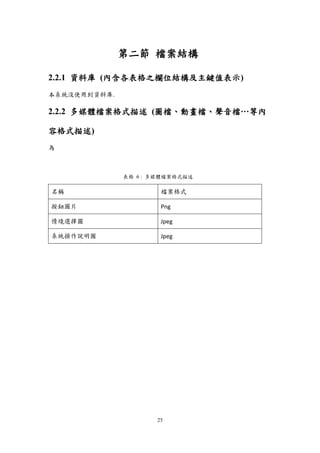 25
第二節 檔案結構
2.2.1 資料庫 (內含各表格之欄位結構及主鍵值表示)
本系統沒使用到資料庫.
2.2.2 多媒體檔案格式描述 (圖檔、動畫檔、聲音檔…等內
容格式描述)
為
表格 6 : 多媒體檔案格式描述
名稱 檔案格式
按鈕圖片 Png
情境選擇圖 Jpeg
系統操作說明圖 Jpeg
 