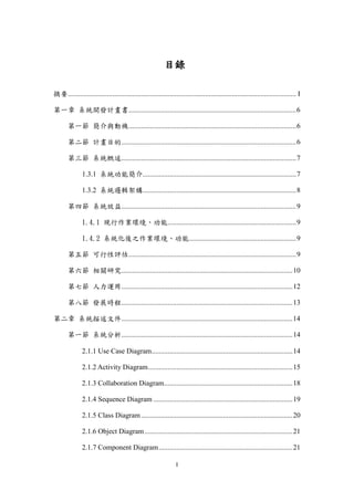 I
目錄
摘要................................................................................................................................ I
第一章 系統開發計畫書..............................................................................................6
第一節 簡介與動機..............................................................................................6
第二節 計畫目的..................................................................................................6
第三節 系統概述..................................................................................................7
1.3.1 系統功能簡介......................................................................................7
1.3.2 系統邏輯架構......................................................................................8
第四節 系統效益..................................................................................................9
1.4.1 現行作業環境、功能........................................................................9
1.4.2 系統化後之作業環境、功能............................................................9
第五節 可行性評估..............................................................................................9
第六節 相關研究................................................................................................10
第七節 人力運用................................................................................................12
第八節 發展時程................................................................................................13
第二章 系統描述文件................................................................................................14
第一節 系統分析................................................................................................14
2.1.1 Use Case Diagram...............................................................................14
2.1.2 Activity Diagram.................................................................................15
2.1.3 Collaboration Diagram........................................................................18
2.1.4 Sequence Diagram ..............................................................................19
2.1.5 Class Diagram.....................................................................................20
2.1.6 Object Diagram...................................................................................21
2.1.7 Component Diagram...........................................................................21
 