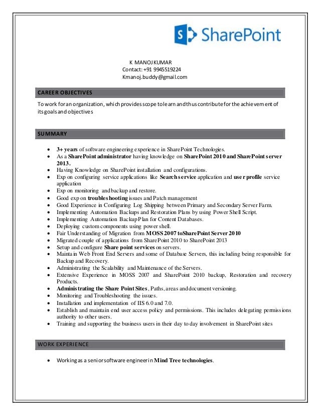 sharepoint administrator resumes