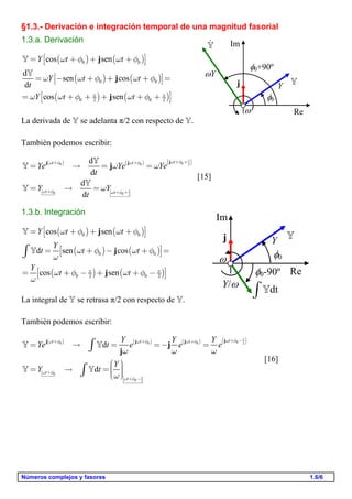 Números complejos y fasores 1.6/6
§1.3.- Derivación e integración temporal de una magnitud fasorial
1.3.a. Derivación
( ) ( )
( ) ( )
( ) ( )
0 0
0 0
0 02 2
cos sen
d
sen cos
d
cos sen
Y t t
Y t t
t
Y t tp p
w f w f
w w f w f
w w f w f
é ù= + + +ë û
é ù= - + + + =ë û
é ù= + + + + +ë û
j
j
j


La derivada de  se adelanta π/2 con respecto de .
También podemos escribir:
( ) ( ) ( )00 0 2
0 0 2
d
d
d
d
tt t
t t
Ye Ye Ye
t
Y Y
t
p
p
w fw f w f
w f w f
w w
w
+ ++ +
+ + +
=  = =
=  =
jj j
j




[15]
1.3.b. Integración
( ) ( )
( ) ( )
( ) ( )
0 0
0 0
0 02 2
cos sen
d sen cos
cos sen
Y t t
Y
t t t
Y
t tp p
w f w f
w f w f
w
w f w f
w
é ù= + + +ë û
é ù= + - + =ë û
é ù= + - + + -ë û
ò
j
j
j


La integral de  se retrasa π/2 con respecto de .
También podemos escribir:
( ) ( ) ( ) ( )00 0 0 2
0
0 2
d
d
tt t t
t
t
Y Y Y
Ye t e e e
Y
Y t
p
p
w fw f w f w f
w f
w f
w w w
w
+ -+ + +
+
+ -
=  = =- =
æ ö÷ç=  = ÷ç ÷çè ø
ò
ò
jj j j
j
j
 
 
[16]
0


Re
Im
0+90º
Y
Y

j
0

Re
Im
0-90º
Y/
Y
dtò 
j
 