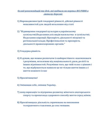 Огляд рекомендацій та ідей, які надішли на портал ВСІ РІВНІ в
                    лютому-березні:


1) Впровадження ідей гендерної рівності, дійсної рівності
     можливостей для людей незалежно від статі


2) "Підвищення гендерної культури в українському
      суспільстві;Подолання усіх видів насильства в суспільстві;
      Подолання корупції; Прозорість діяльності місцевої та
      регіональної влади; Професіоналізм та прозорість
      діяльності правоохоронних органів."


3) Гендерна рівність


4) Я думаю, що можна розпочати із найпростішого: взаємоповаги
      і розуміння, незалежно від національності, раси, релігії та
      інших відмінностей. Розуміння того, що твій голос є цінним і
      те, що відбуваеється навколо це не тільки життя інших а і
      життя кожного із нас


5) Просвітництво!


6) Змінивши себе, зміниш Україну.


7) популяризація та пiдтримка розвитку жіночого аматорського
     спорту та пропаганда здорового способу життя серед жiнок.


8) Просвітницька діяльність спрямована на виховання
     толерантного ставлення до секс меншин.
 