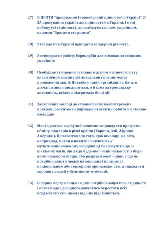 27) Я ПРОТИ "просування Європейський цінностей в Україні". Я
    ЗА просування українських цінностей в Україні. І мені
    побоку усі ті цінності, що нав'язуються нам, українцям,
    нашими "братами старшими".


28) Утвердити в Україні принципи гендерної рівності.


29) Активізувати роботу Євроклубів для виховання свідомих
    українців


30) Необхідне створення активного діючого жіночого руху,
    висвітлення важливих і актуальних питань через
    проведення акцій. Потреба у такій організації є, багато
    дівчат, жінок приєднаються, я й сама за громадську
    активність, всіляко підтримала би ці дії.


31) Заохочення молоді до європейських волонтерських
    програм; розвиток неформальної освіти;- робота з сільскою
    молоддю


32) Мені здається, що було б непогано впровадити програми
    обміну школярів в різні країни (Європи, Азії, Африки,
    Америки). Це важитво для того, щоб школярі, на літо,
    наприклад, могли б пожити і повчитись у
    мультинаціональному середовищі та зрозуміти ще зі
    шкільних часів, що люди будь-якої національності з будь-
    яким кольором шкіри, або розрізом очей - рівні. І що не
    потрібно ділити людей на хороших і поганих за
    національною або гендерною приналежністю, а знаходити
    хороших людей у будь-якому оточенні.


33) В першу чергу нашим людям потрібно набратись людяності
    і поваги одне до одного,навчитись перестати всіх
    осуджувати хто чимось від них відрізняється.
 