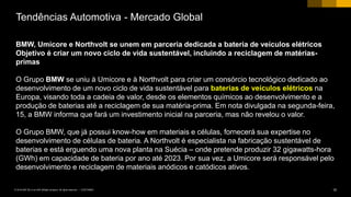 10CUSTOMER© 2018 SAP SE or an SAP affiliate company. All rights reserved. ǀ
Tendências Automotiva - Mercado Global
BMW, Umicore e Northvolt se unem em parceria dedicada a bateria de veículos elétricos
Objetivo é criar um novo ciclo de vida sustentável, incluindo a reciclagem de matérias-
primas
O Grupo BMW se uniu à Umicore e à Northvolt para criar um consórcio tecnológico dedicado ao
desenvolvimento de um novo ciclo de vida sustentável para baterias de veículos elétricos na
Europa, visando toda a cadeia de valor, desde os elementos químicos ao desenvolvimento e a
produção de baterias até a reciclagem de sua matéria-prima. Em nota divulgada na segunda-feira,
15, a BMW informa que fará um investimento inicial na parceria, mas não revelou o valor.
O Grupo BMW, que já possui know-how em materiais e células, fornecerá sua expertise no
desenvolvimento de células de bateria. A Northvolt é especialista na fabricação sustentável de
baterias e está erguendo uma nova planta na Suécia – onde pretende produzir 32 gigawatts-hora
(GWh) em capacidade de bateria por ano até 2023. Por sua vez, a Umicore será responsável pelo
desenvolvimento e reciclagem de materiais anódicos e catódicos ativos.
 