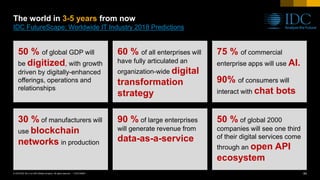 64CUSTOMER© 2018 SAP SE or an SAP affiliate company. All rights reserved. ǀ
The world in 3-5 years from now
IDC FutureScape: Worldwide IT Industry 2018 Predictions
50 % of global GDP will
be digitized, with growth
driven by digitally-enhanced
offerings, operations and
relationships
60 % of all enterprises will
have fully articulated an
organization-wide digital
transformation
strategy
75 % of commercial
enterprise apps will use AI.
90% of consumers will
interact with chat bots
30 % of manufacturers will
use blockchain
networks in production
90 % of large enterprises
will generate revenue from
data-as-a-service
50 % of global 2000
companies will see one third
of their digital services come
through an open API
ecosystem
 