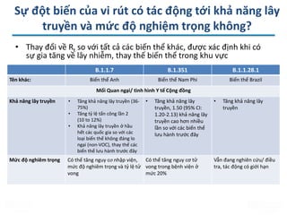 Sự đột biến của vi rút có tác động tới khả năng lây
truyền và mức độ nghiệm trọng không?
• Thay đổi về Rt so với tất cả các biến thể khác, được xác định khi có
sự gia tăng về lây nhiễm, thay thế biến thể trong khu vực
B.1.1.7 B.1.351 B.1.1.28.1
Tên khác: Biến thể Anh Biến thể Nam Phi Biến thể Brazil
Mối Quan ngại/ tình hình Y tế Cộng đồng
Khả năng lây truyền • Tăng khả năng lây truyền (36-
75%)
• Tăng tỷ lệ tấn công lần 2
(10 to 12%)
• Khả năng lây truyền ở hầu
hết các quốc gia so với các
loại biến thể không đáng lo
ngại (non-VOC), thay thế các
biến thể lưu hành trước đây
• Tăng khả năng lây
truyền, 1.50 (95% CI:
1.20-2.13) khả năng lây
truyền cao hơn nhiều
lần so với các biến thể
lưu hành trước đây
• Tăng khả năng lây
truyền
Mức độ nghiêm trọng Có thể tăng nguy cơ nhập viện,
mức độ nghiêm trọng và tỷ lệ tử
vong
Có thể tăng nguy cơ tử
vong trong bệnh viện ở
mức 20%
Vẫn đang nghiên cứu/ điều
tra, tác động có giới hạn
 