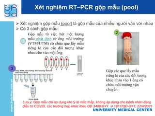 UNIVERSITY MEDICAL CENTER
Xét nghiệm RT–PCR gộp mẫu (pool)
 Xét nghiệm gộp mẫu (pool) là gộp mẫu của nhiều người vào với nhau
 Có 3 cách gộp mẫu:
Gộp mẫu từ việc hút một lượng
mẫu nhất định từ ống môi trường
(VTM/UTM) có chứa que lấy mẫu
riêng lẻ của các đối tượng khác
nhau cho vào một ống.
1
Gộp các que lấy mẫu
riêng lẻ của các đổi tượng
khác nhau vào 1 ống có
chứa môi trường vận
chuyển
2
3
Lưu ý: Gộp mẫu chỉ áp dụng khi tỷ lệ mắc thấp, không áp dụng cho bệnh nhân đang
điều trị COVID, các trường hợp khác theo QĐ 3486/BYT  1817/QĐ-BYT: 27/4/2021
 