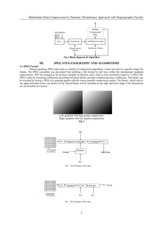 Multimedia Data Compression by Dynamic Dictationary Approach with Stegnography Facility




                                             Fig 1 Block diagram of Algorithm

                    III.           JPEG STEGANOGRAPHY AND ALGORITHMS
3.1 JPEG Format
          Strictly speaking, JPEG refers only to a family of compression algorithms; it does not refer to a specific image file
format. The JPEG committee was prevented from defining a file format by turf wars within the international standards
organizations. JFIF has emerged as the de-facto standard on Internet, and is what is most commonly meant by "a JPEG file.
JPEG works by extracting coefficients describing 8x8 pixel blocks and then compressing these coefficients. The blocks can
be revealed by saving a JPEG of a gradient pattern with the lowest possible compression quality. The blocks, which start in
the upper left-hand corner, are shown in Fig. Partial blocks will be included on the right and lower edges if the dimensions
are not divisible by 8 pixels




                                        Left: gradient with high quality compression
                                        Right: gradient with low quality compression
                                                            Fig 2




                                                              2
 