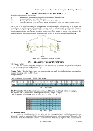 Protecting Computer Network with Encryption Technique: A Study
www.irjes.com 2 | Page
III. BASIC MODEL OF NETWORK SECURITY
It requires the some basic structure like,
a) An algorithm, which transforms the important security, related activity
b) A secret data that is used in the algorithm
c) Building of methods for sharing and distribution of secret data and
d) Define the protocol, which makes use of both algorithm and secret data to have security service.
As we can see in the below model, the network model has basic structure. Opponents will try to surpass the
safety barrier to get the required information. The message that is travelling through the information channel is
not in the simple format. It got blended with the secret message, which contains the cipher text and keys
provided by the trusted 3rd party for encryption. Unless one knows the key to decrypt, they cannot get the
message properly. Encryption keeps the message safe and secure, till it reaches the desired recipient. [4]
Fig. 1 Block Diagram for Network Security
IV. CLASSIFICATION OF ENCRYPTION
4.1 Symmetric Key
It is also known as single key encryption. It uses the same key for both the encryption and decryption
of text. Types of algorithms for Symmetric Key:
Stream Cipher: Here the plain text are encrypted one at a time, each bits of plain text are converted into
successive varying digits. Ex. RC4, SEAL
Sample Example:
“We are spartans“ is written as “ZH DUE VSDUWDQV”
Fig.2. Caser Cipher
Block Cipher: Here block of plain texts are encrypted, each block has fixed length and unvarying digits.
Ex. Rijndael, IDEA (International Data EncryptionAlgorithm) Sample Example:
“We are spartans“ is written as “ 25 51 11 24 51 34 53 11 24 44 11 33 34 ”
Fig.3 Block Cipher
4.2 Asymmetric Key
It uses the two different keys for encryption and decryption, public key is used for the encryption and
private key is used for decryption. As the symmetric key encryption does not provide much of the security, the
importance of the Asymmetric key is more. It is also known as Public key encryption. It has the combination
 