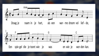 Draagje naam in je hart
als een warme droom vol liefde.
Een spiegeldie je toont
wie je was en wie je worden kan.
1. Je eerste naam zal men het beste kennen :
de naam die op je paspoort staat.
Hij werd met heel veel zorg gekozen,
een droom die met jou door het leven gaat.
2. Maar velen zullen nog een naam bedenken,
Een troetelnaam, heel spontaan.
Niet eentje maar een snoer van namen
De parels die een mens doen verdergaan.
3. Je derde naam, die moet je zelf ontdekken
die zit in ’t diepst van wie je bent.
Jouw roeping door God zelf gegeven :
de opdracht die jou bij de ander brengt.
 