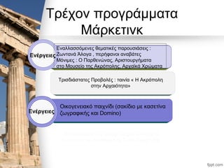 Τρέχον προγράμματα
Μάρκετινκ
.
Τρισδιάστατες Προβολές : ταινία « Η Ακρόπολη
στην Αρχαιότητα»
.
ThemeGallery is a Design Digital Content &
Contents mall developed by Guild Design Inc.
Εναλλασσόμενες θεματικές παρουσιάσεις :
Ζωντανά Άλογα , περήφανοι αναβάτες
Μόνιμες : O Παρθενώνας, Αριστουργήματα
στο Μουσείο της Ακρόπολης, Αρχαϊκά Χρώματα
Οικογενειακό παιχνίδι (σακίδιο με κασετίνα
ζωγραφικής και Domino)
Ενέργειες
Ενέργειες
 